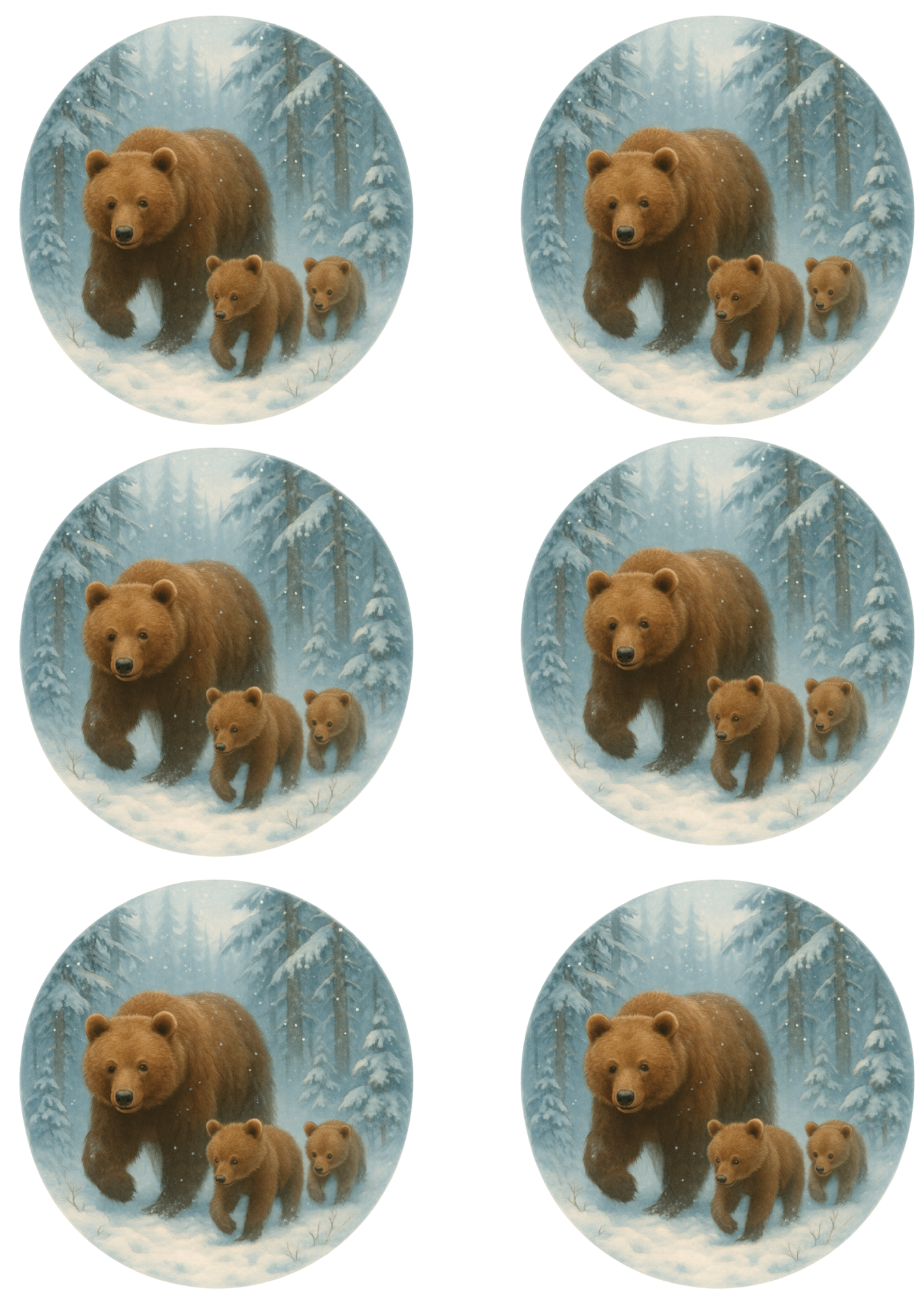 Sticker Sheet / Greeting Card – Bear Family In Winter In Circles Collage Cat. No. 4763