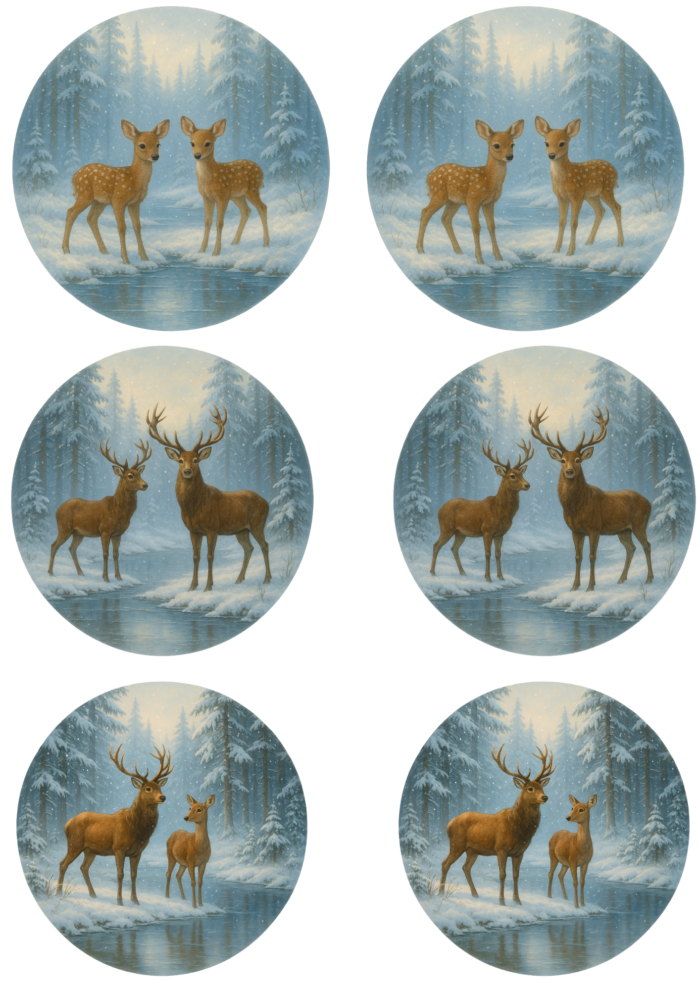 Sticker Sheet / Greeting Card – Winter Deer In Circles Collage Cat. No. 4765