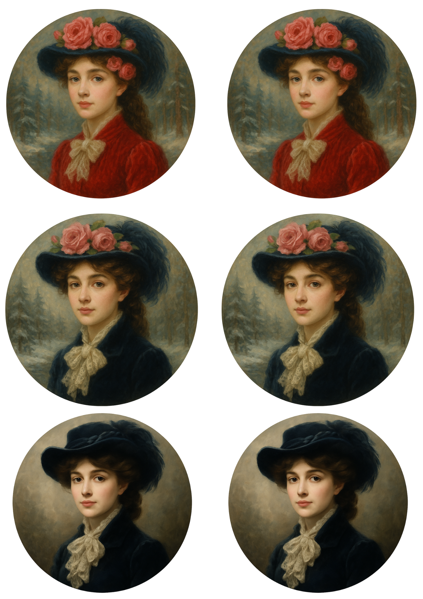 Sticker Sheet – Rice Paper Decoupage Victorian Woman in a Hat in Circles Collage Cat. No. 4770
