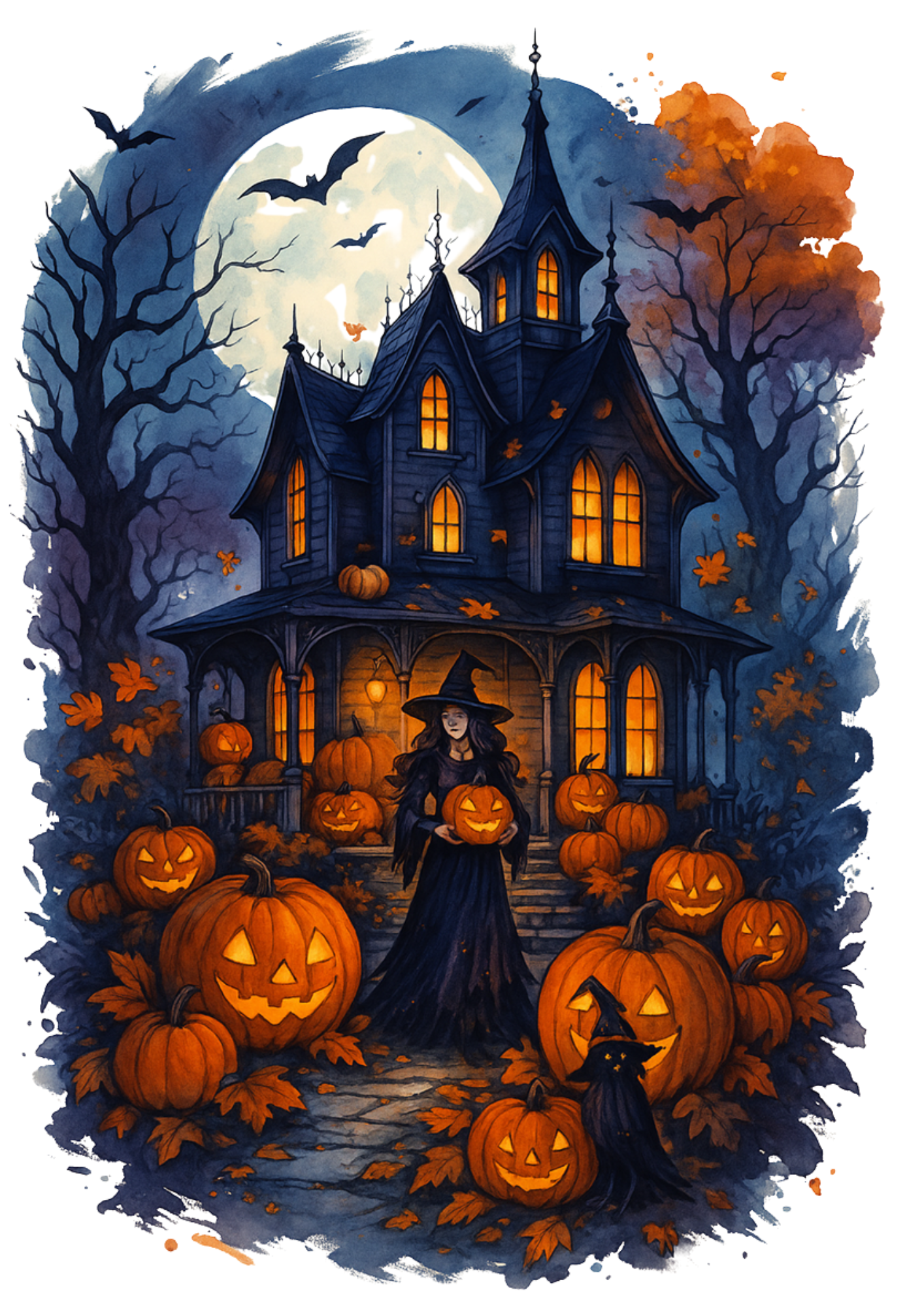 Sticker Sheet – Witch In Front Of Halloween Castle With Pumpkins Full Of Cat. No. 4780