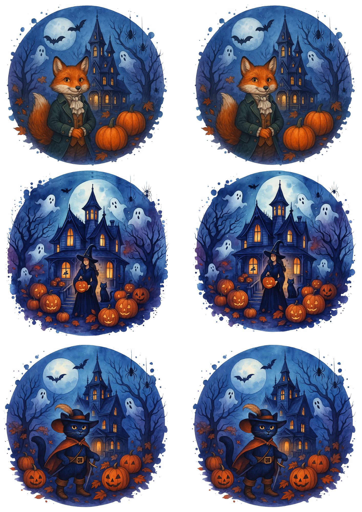 Sticker Sheet – Witch In Front Of Halloween Castle With Pumpkins In Circles Collage Cat. No. 4781