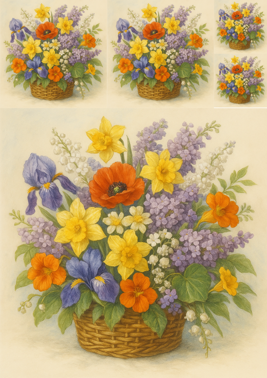 Sticker Sheet – Bouquet Of Summer Flowers In A Basket Collage Cat. No. 4784