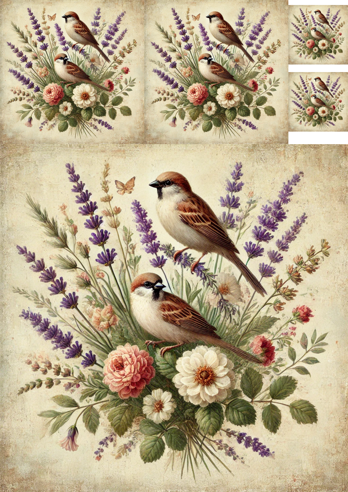 Sticker Sheet / Greeting Card – Sparrows In A Bouquet Of Heather Collage Cat. No. 4786