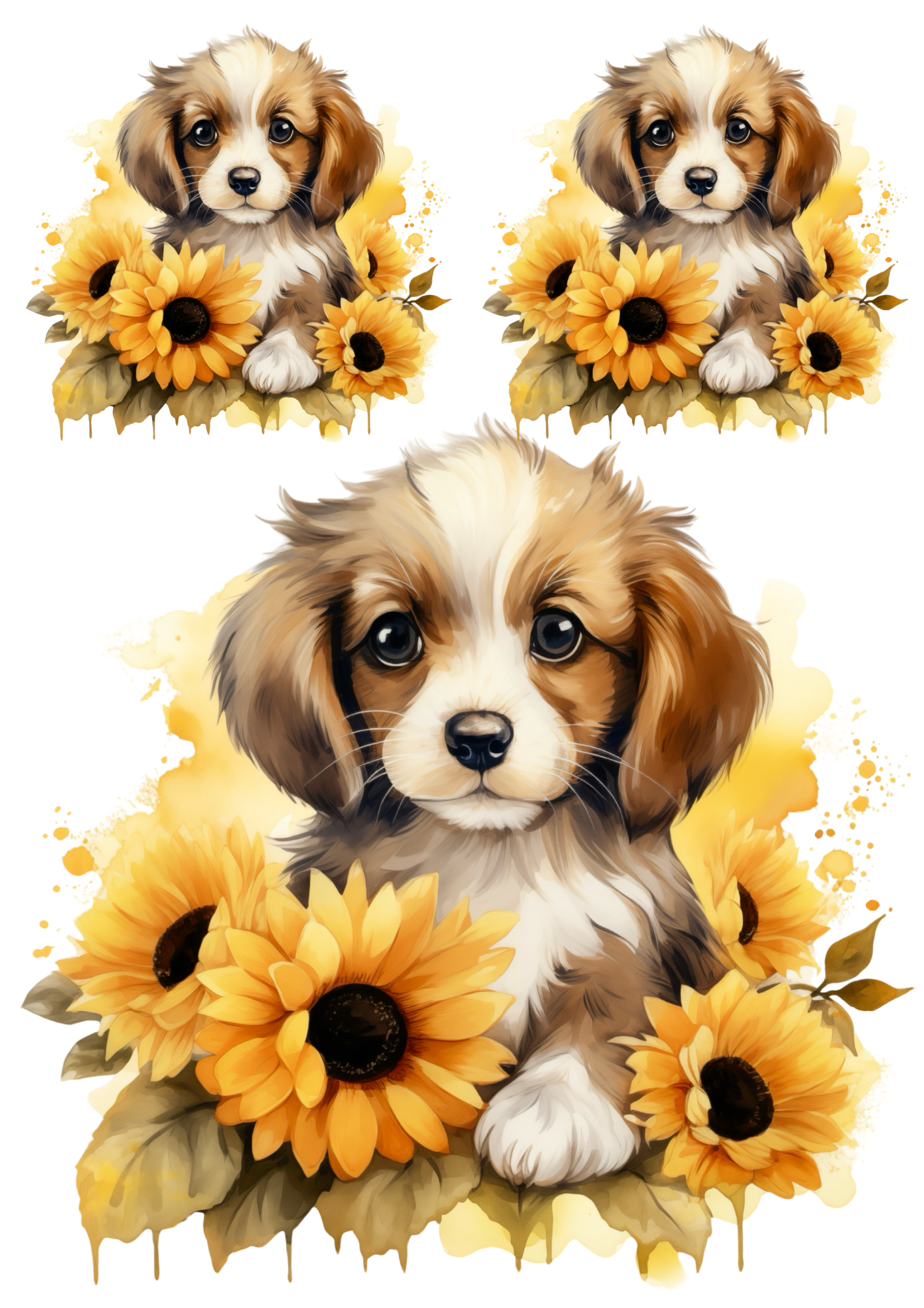 Sticker Sheet / Greeting Card – Puppy In Sunflowers Collage Cat. No. 4798
