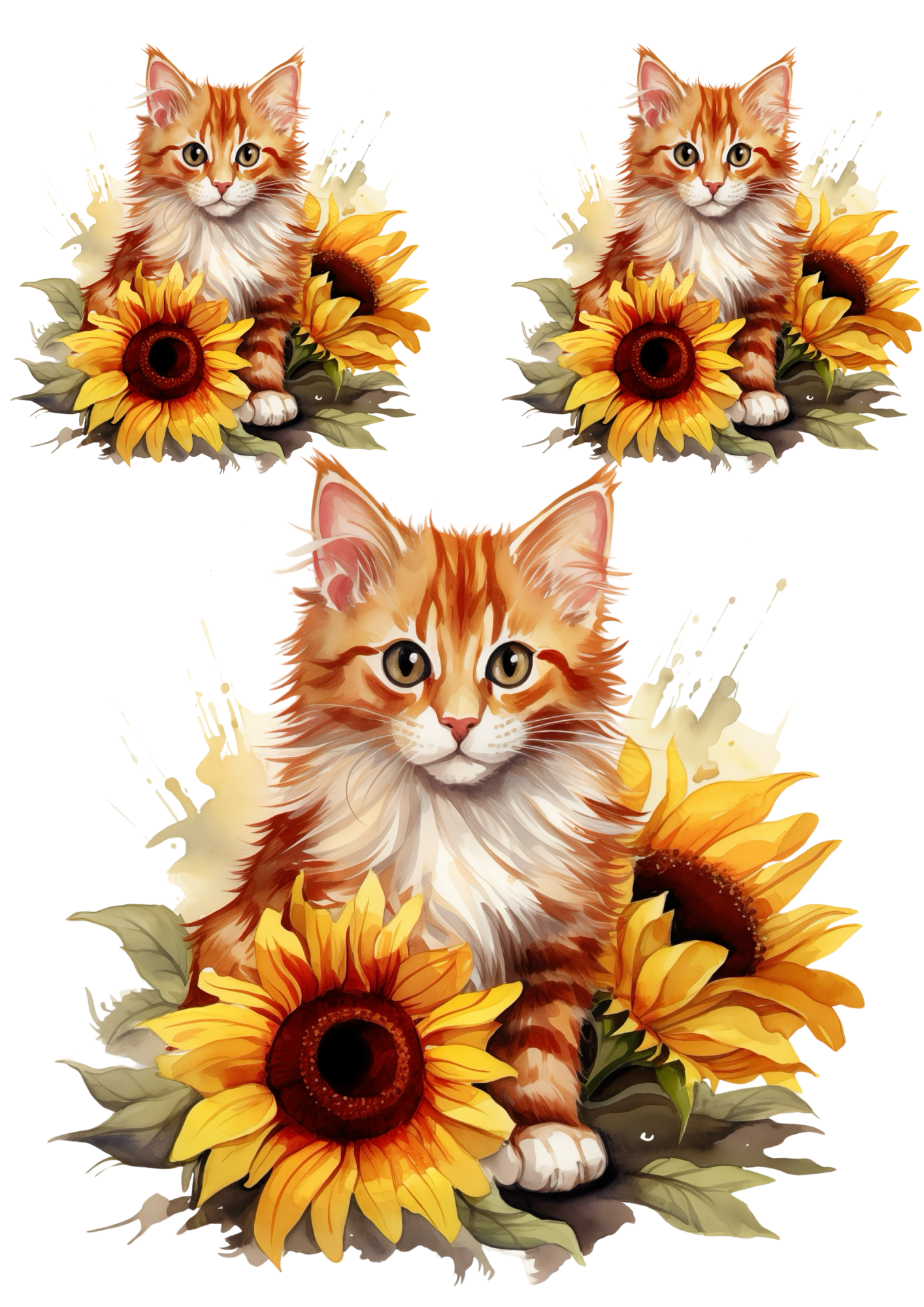 Sticker Sheet / Greeting Card – Little Kitten In Sunflowers Collage Cat. No. 4800