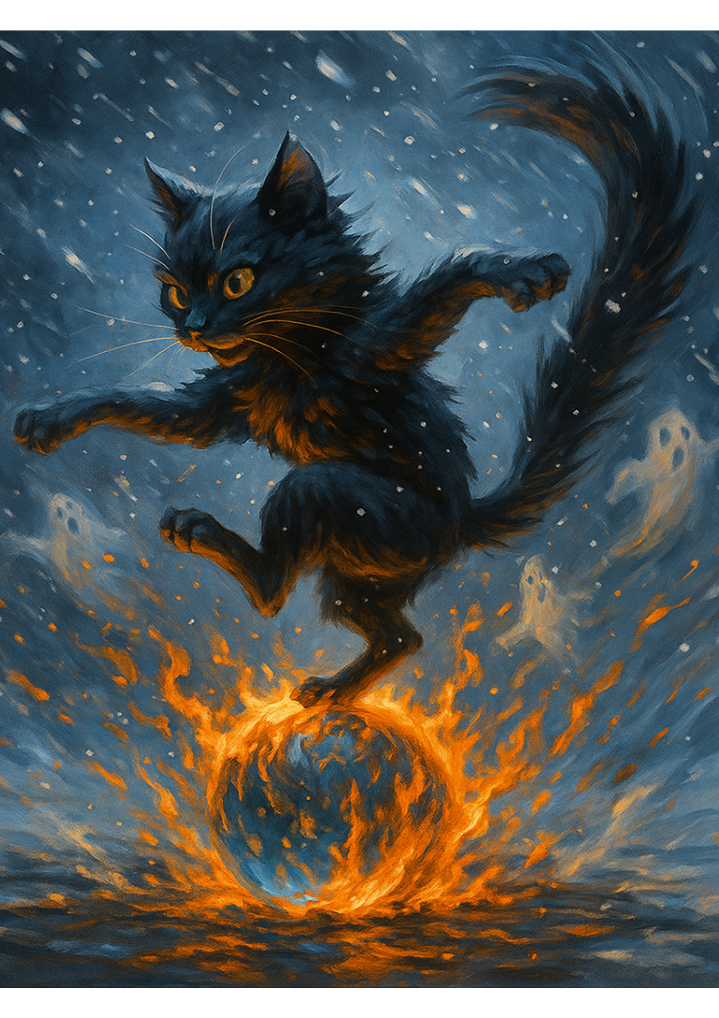 Sticker Sheet – Rice Paper Decoupage Dancing Cat On Burning Water Ball In Snowstorm Full Cat. No. 4806