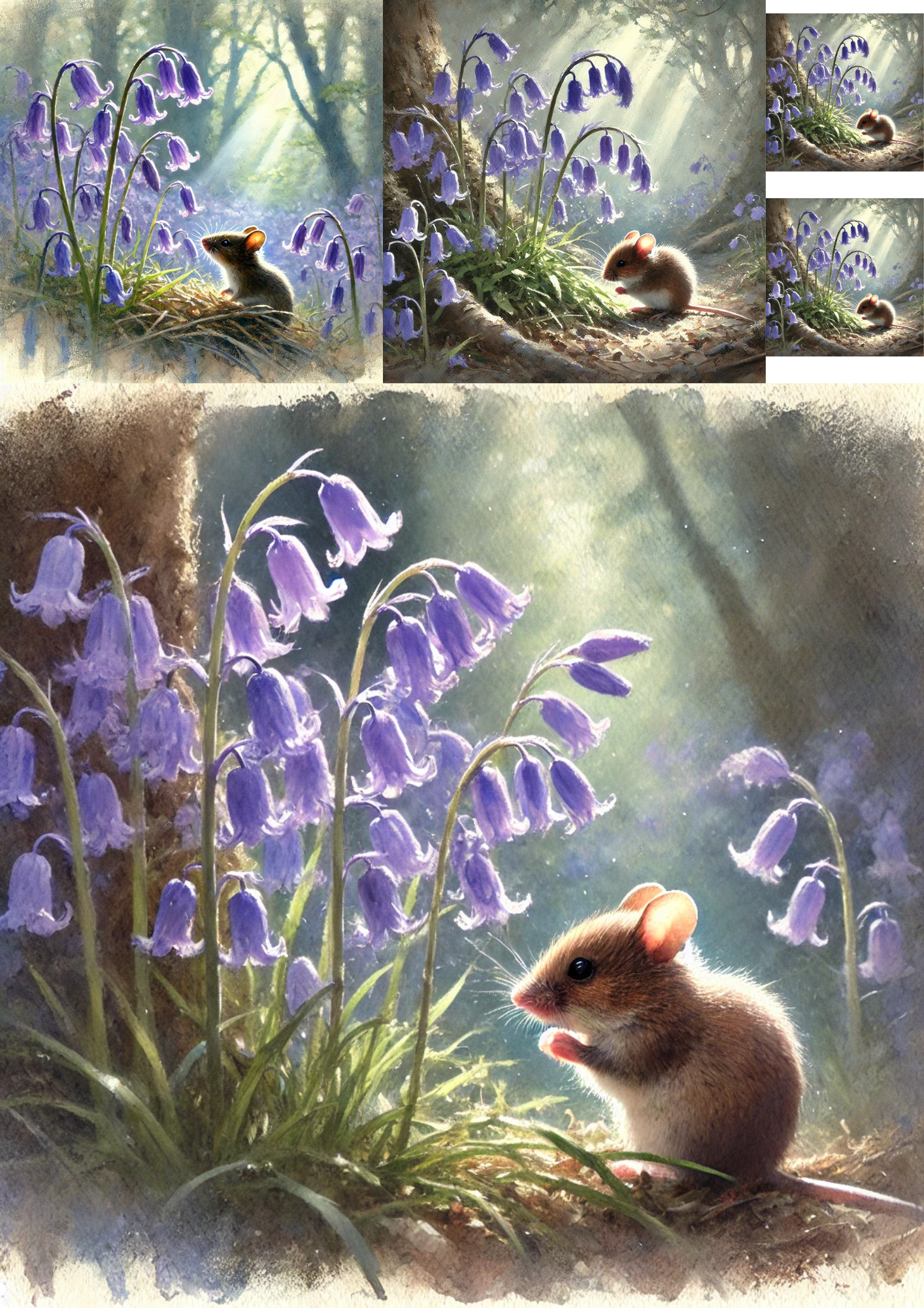 Sticker Sheet / Greeting Card – Field Mouse And Blue Bells Collage Cat. No. 4810
