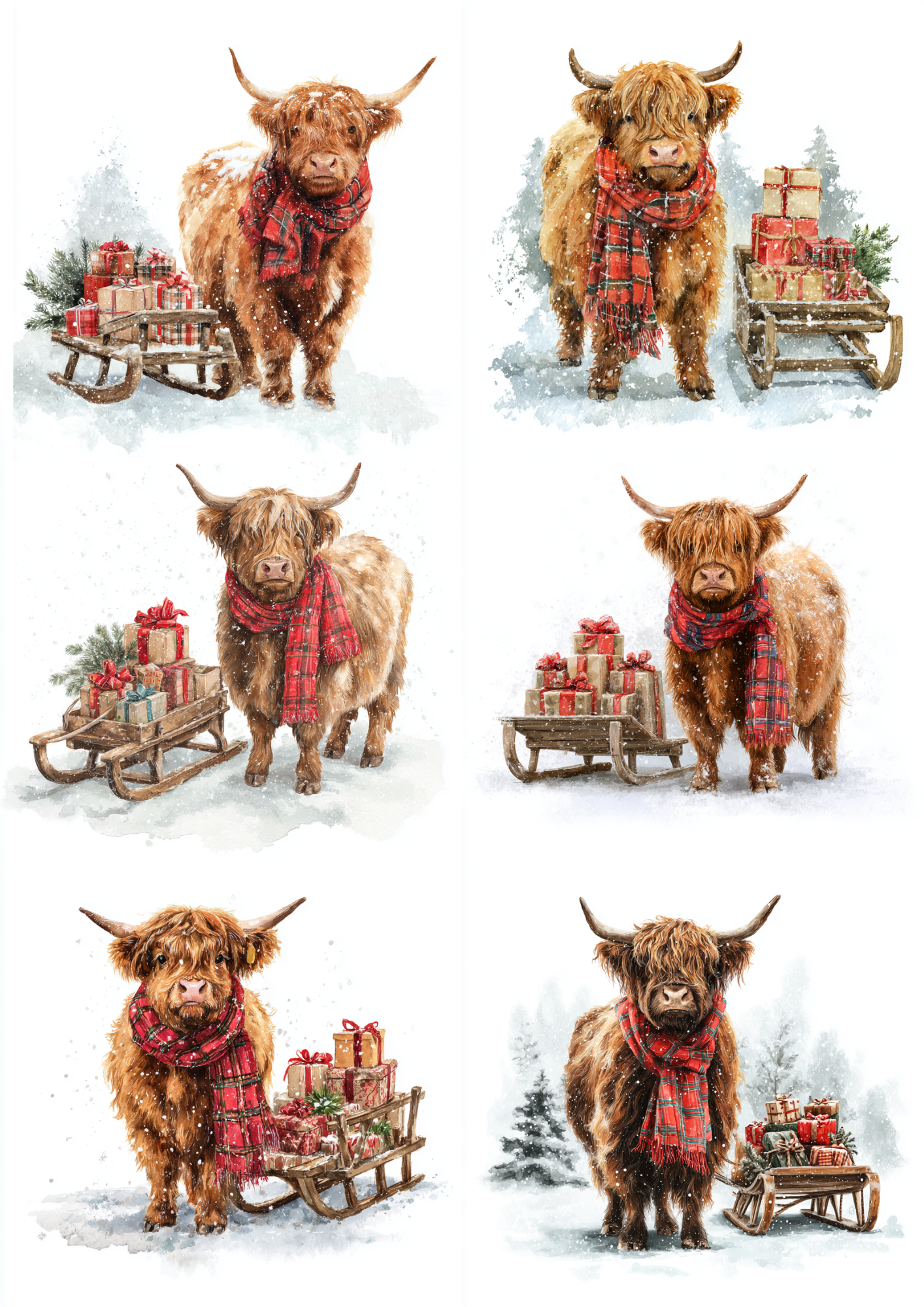 Sticker Sheet – Rice Paper Decoupage Highland Cow Carrying Gifts Collage Cat. No. 4856