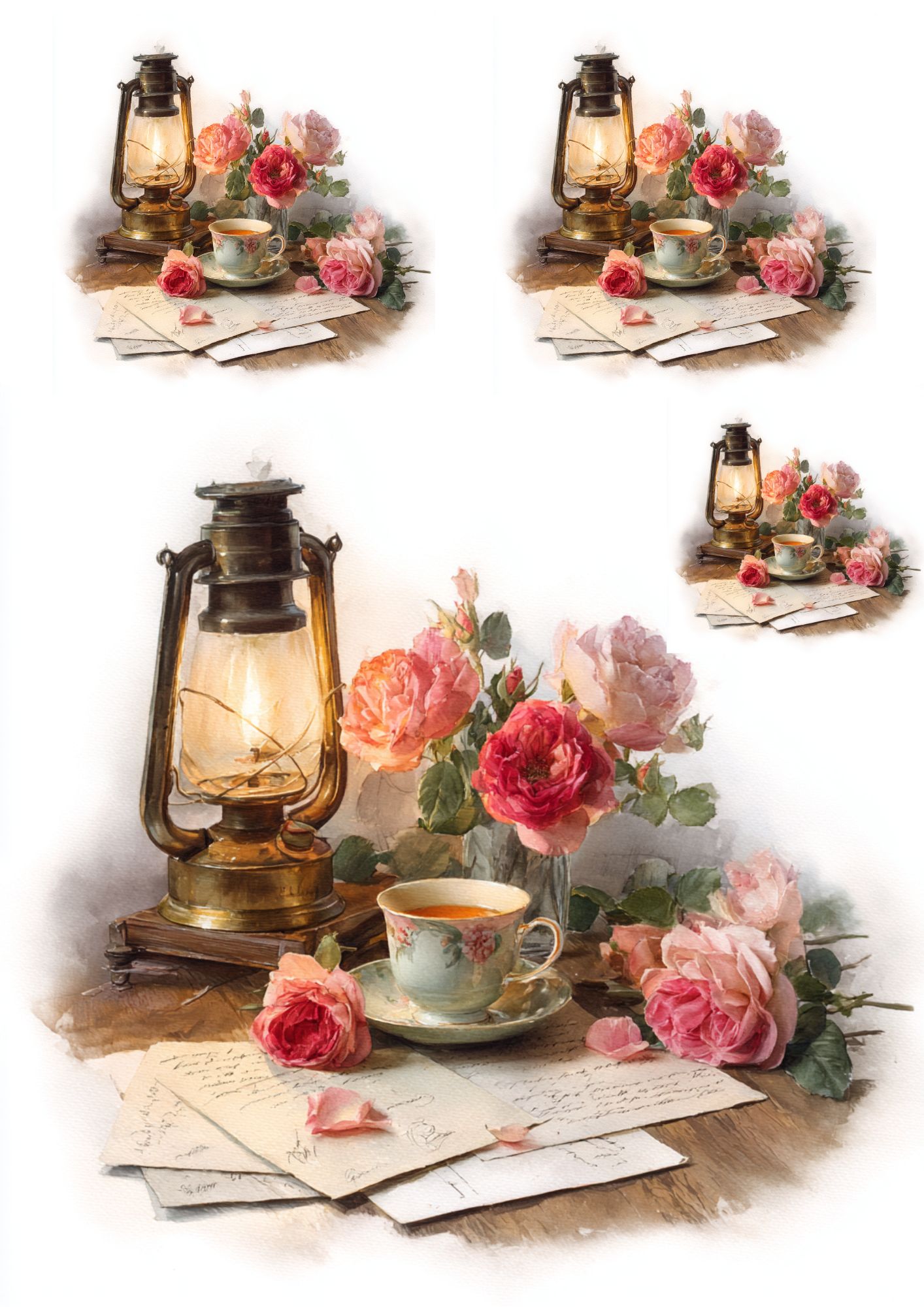 Sticker Sheet / Greeting Card – Roses On Old Letters Vintage Collage Cat. No. 4860