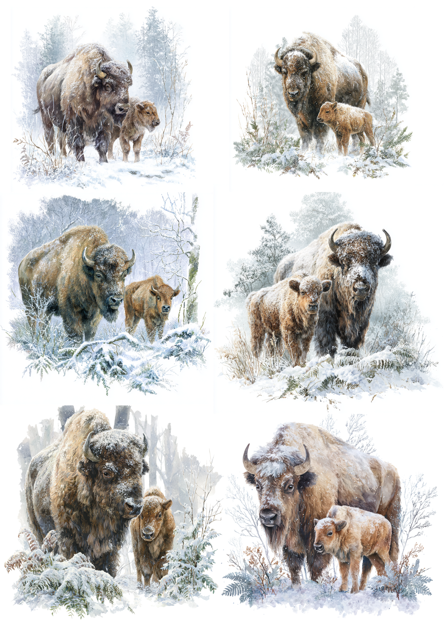 Sticker Sheet / Greeting Card – European Bison in Winter Collage Cat. No. 4880