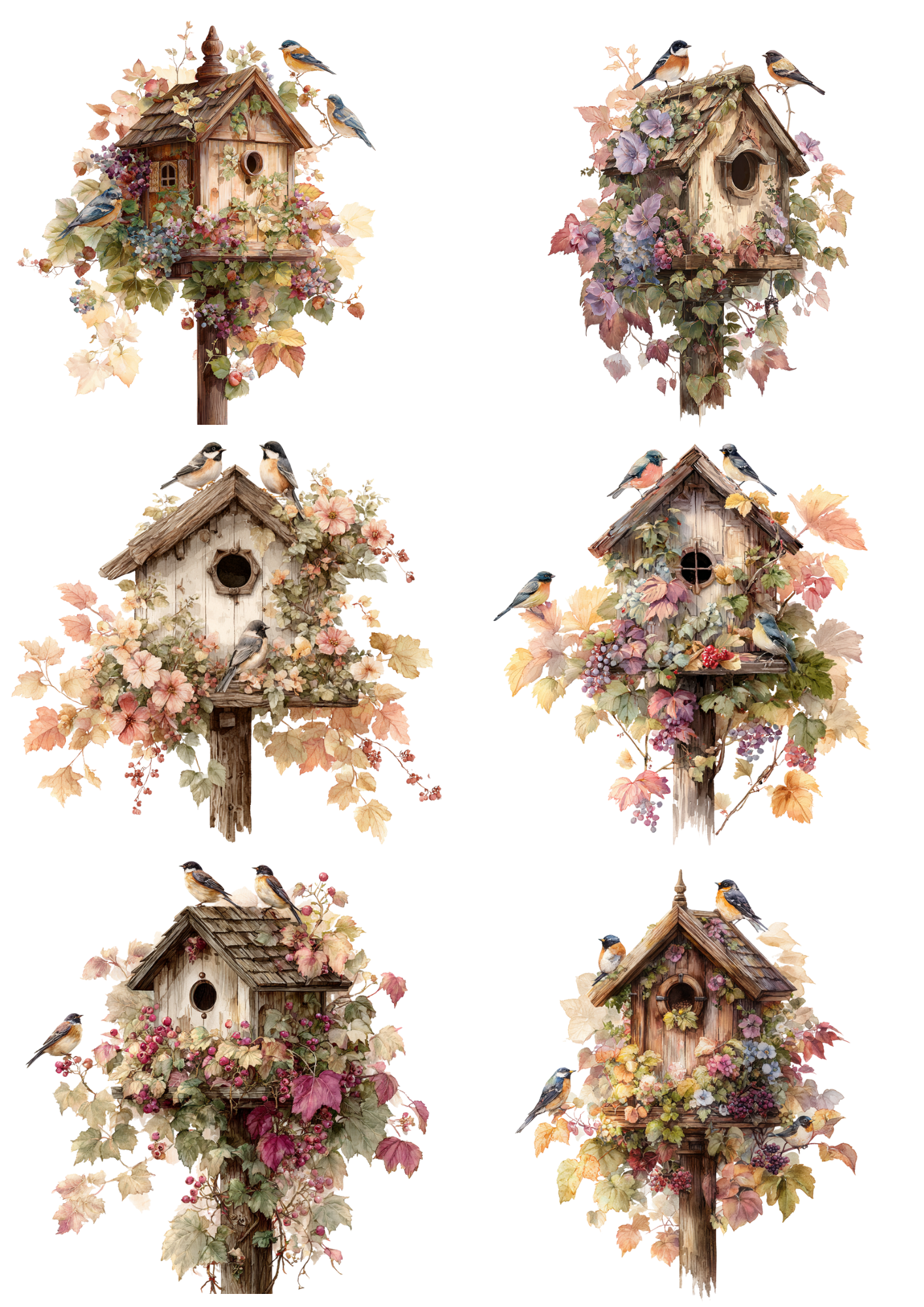 Sticker Sheet / Greeting Card – Romantic Birdhouses Vintage Collage Cat. No. 4882