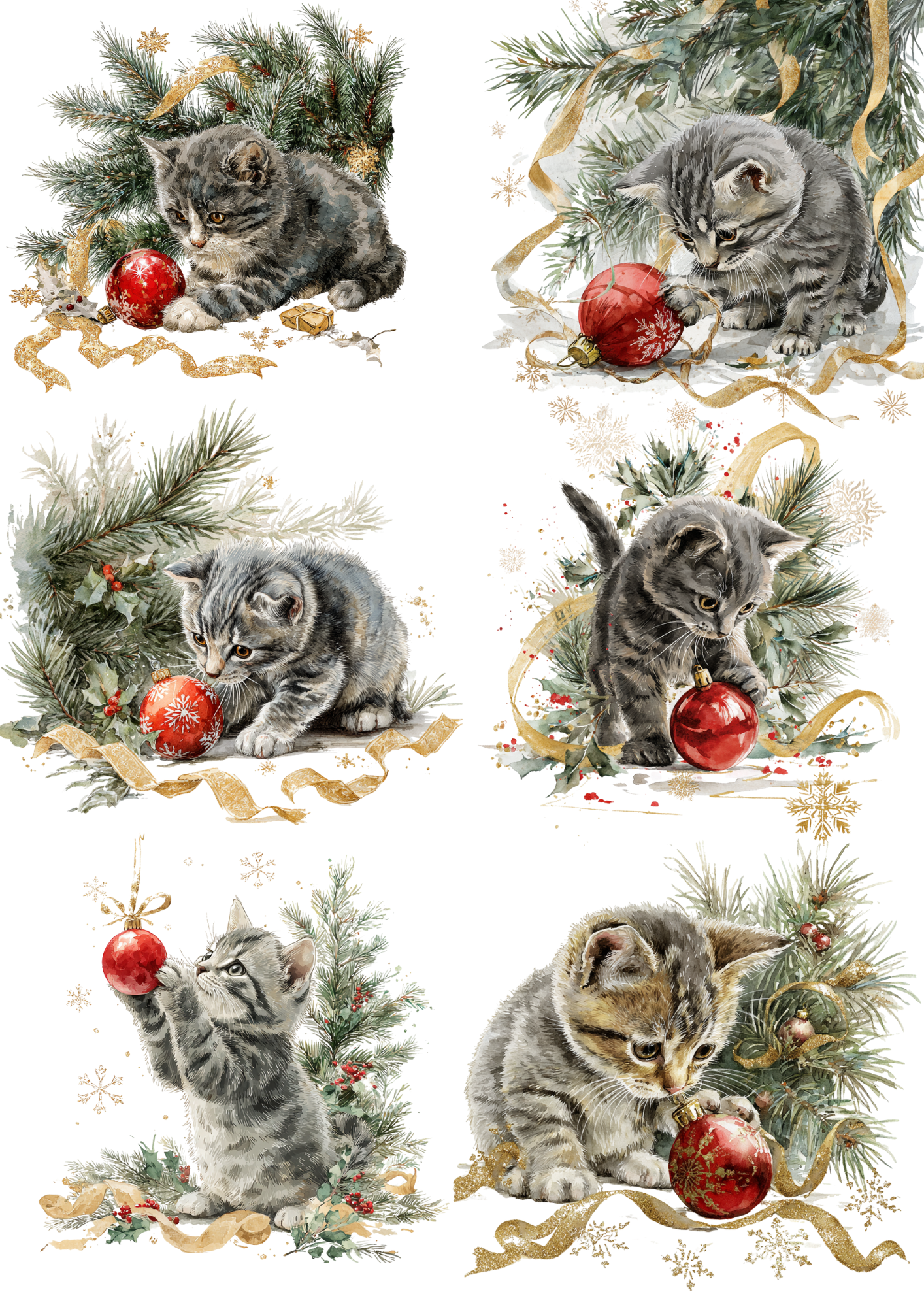 Sticker Sheet – Rice Paper Decoupage Christmas Cat Playing with a Christmas Tree Bauble Cat. No. 4903