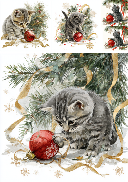 Sticker Sheet Cat Playing with a Christmas Tree Bauble Cat. No. 4904