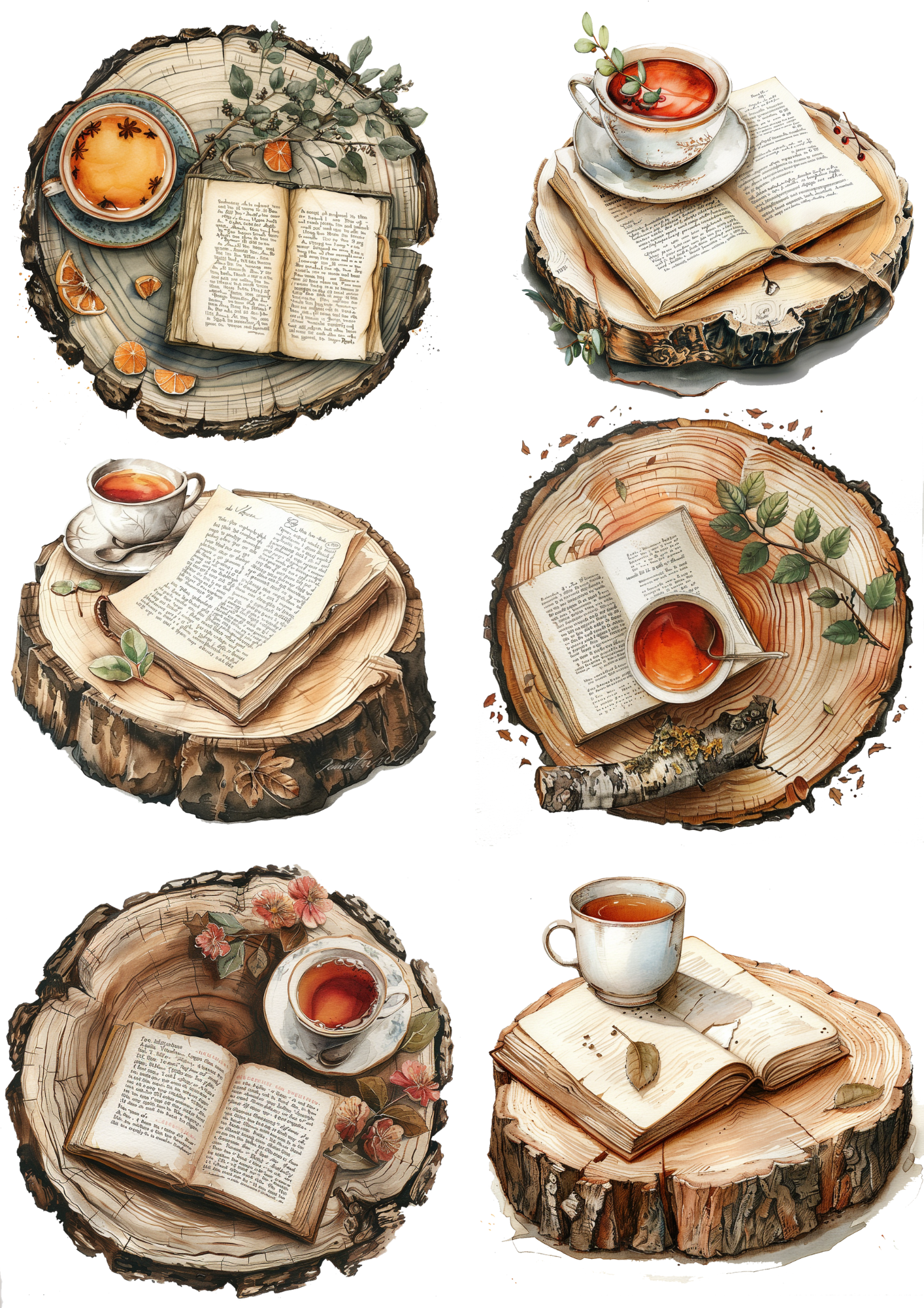 Sticker Sheet / Greeting Card – Cup of Tea on a Tree Trunk and Book Collage Cat. No. 4905