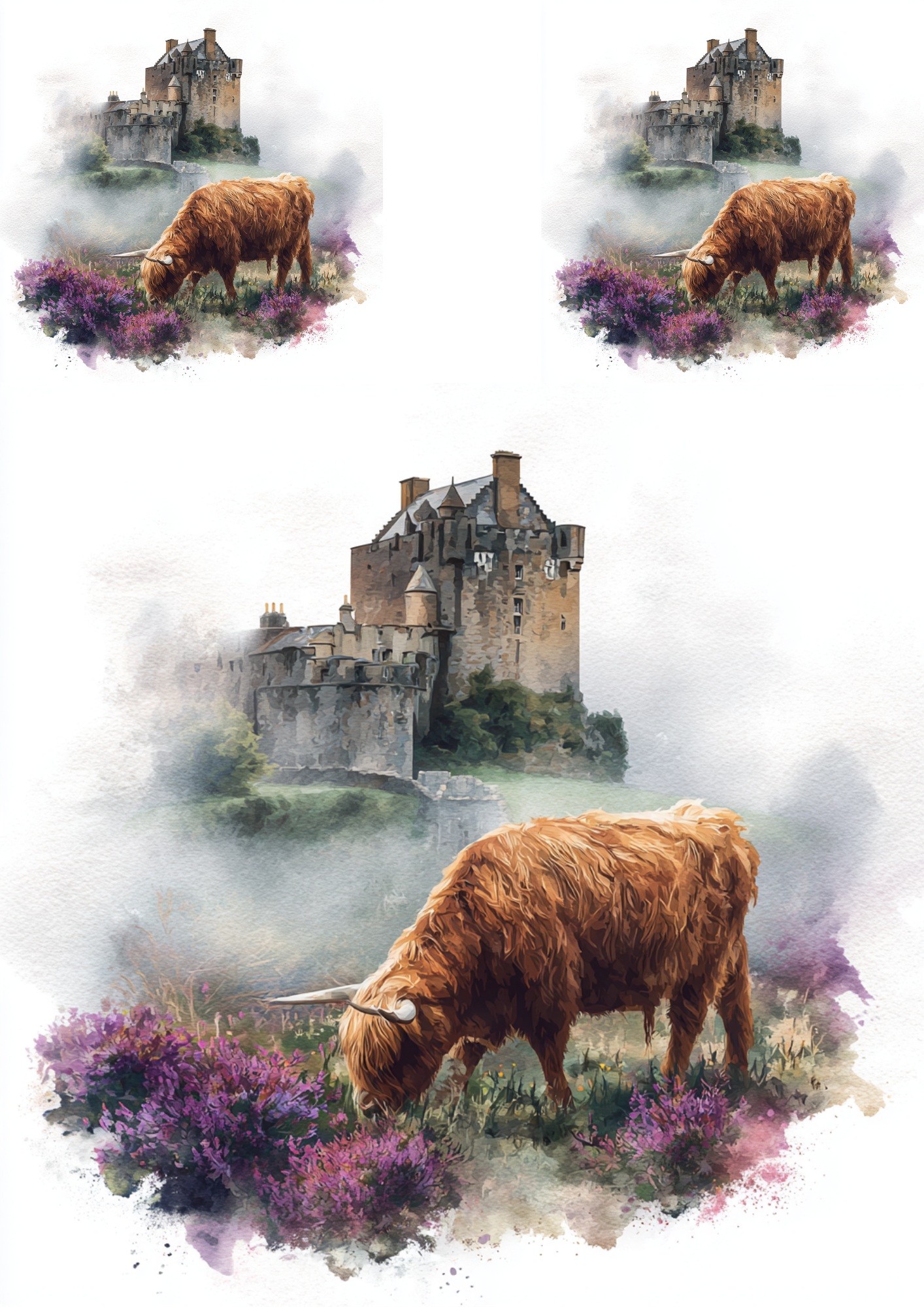 Sticker Sheet / Greeting Card – Highland Cow and Scottish Castle Collage Cat. No. 4910