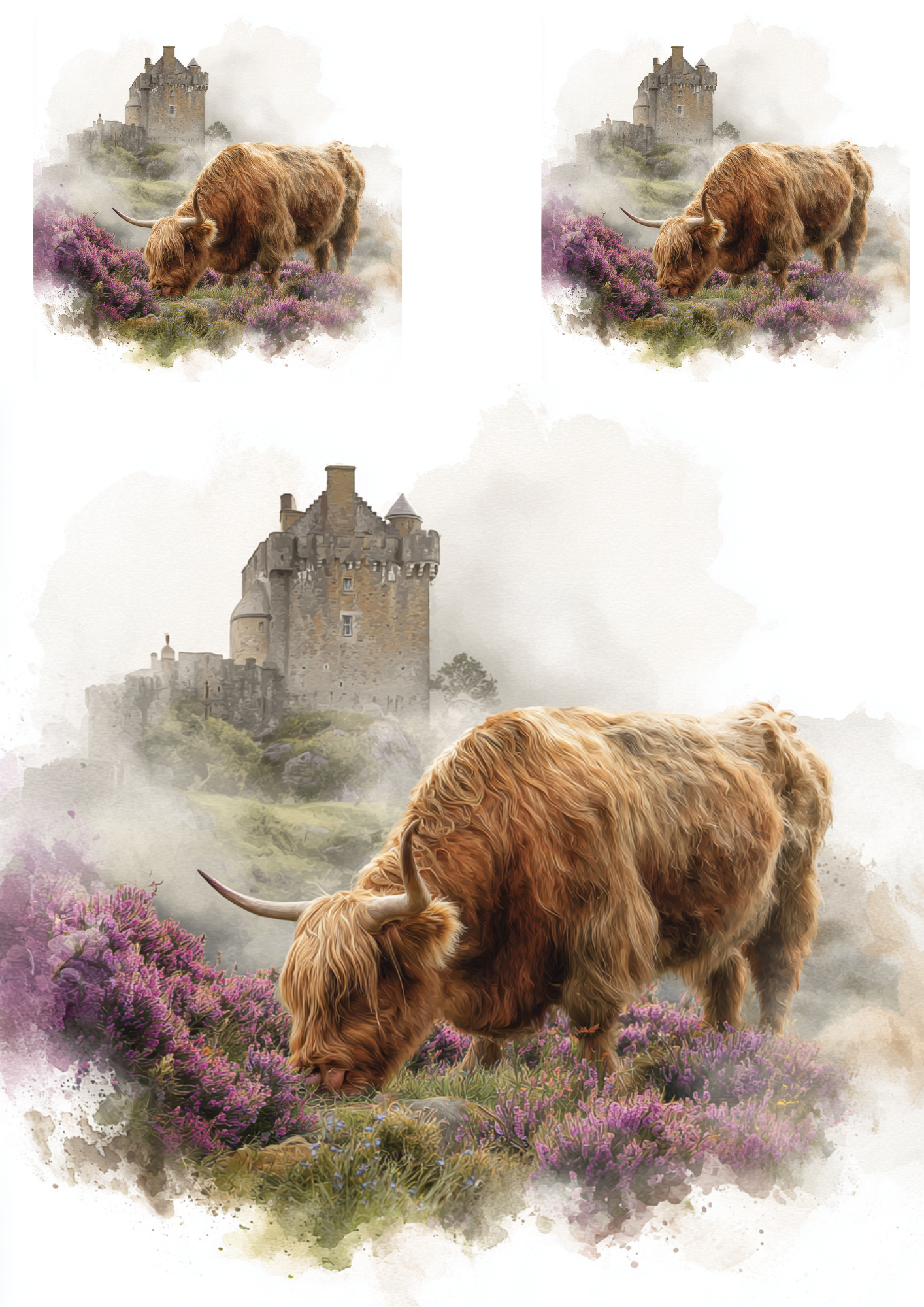 Sticker Sheet / Greeting Card – Highland Cow and Scottish Castle Collage Cat. No. 4912