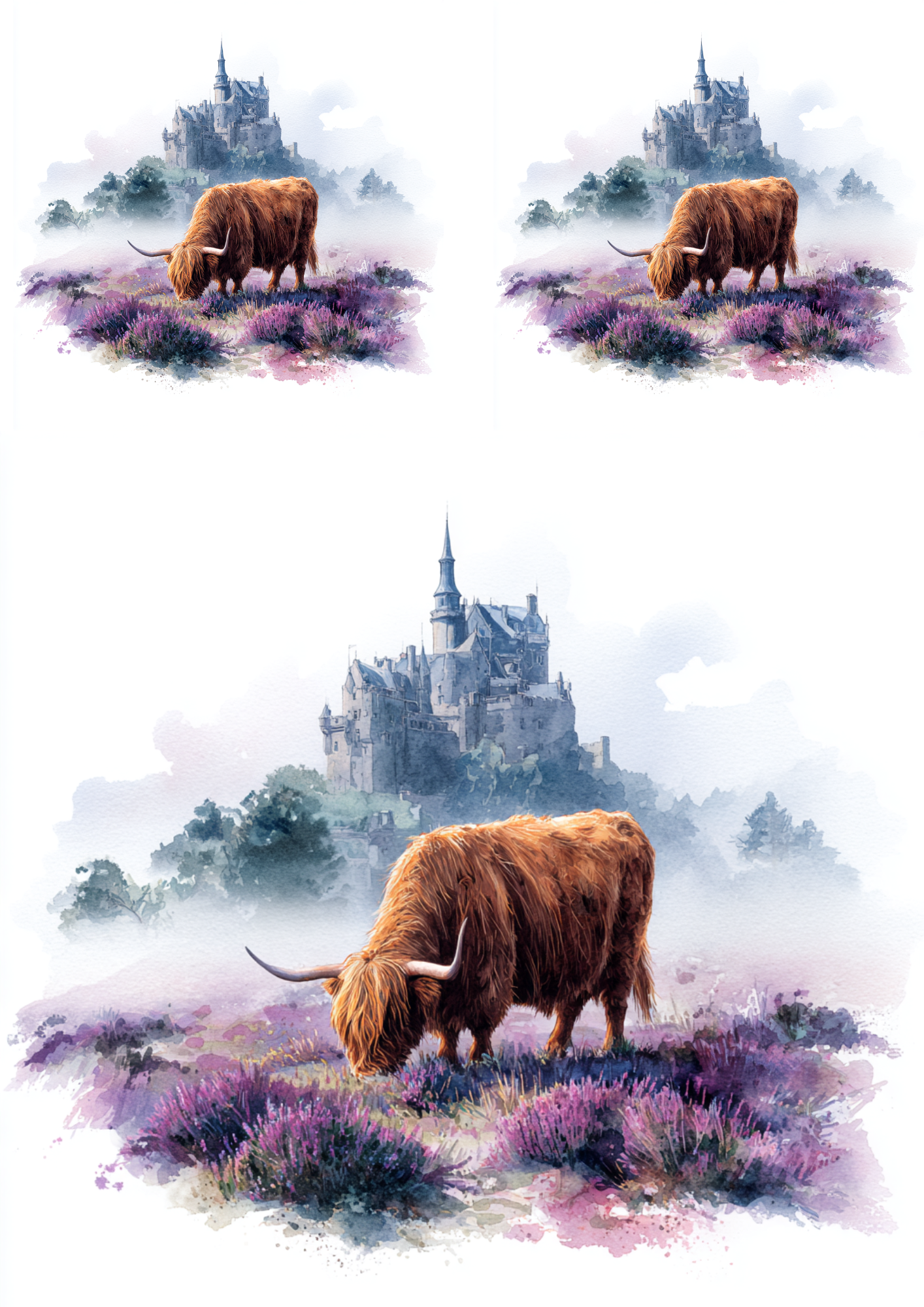 Sticker Sheet / Greeting Card – Highland Cow and Scottish Castle Collage Cat. No. 4913