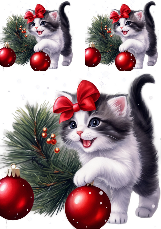 Sticker Sheet – Rice Paper Decoupage Little Kitten Playing with a Christmas Tree Bauble Collage Cat. No. 4914