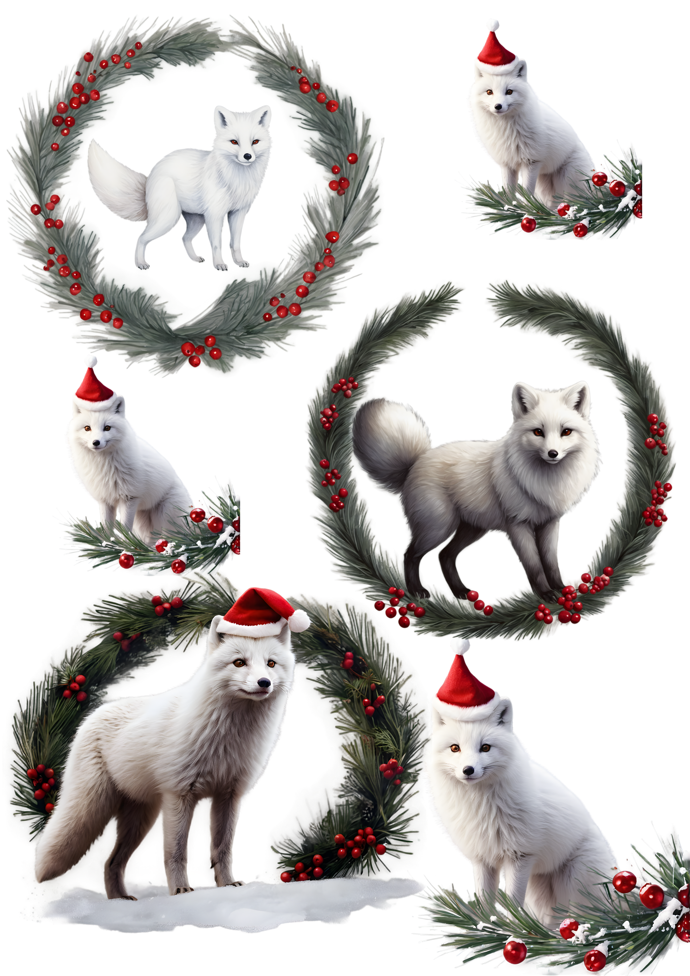Sticker Sheet / Greeting Card – Arctic Fox In Christmas Scenery Collage Cat. No. 4915