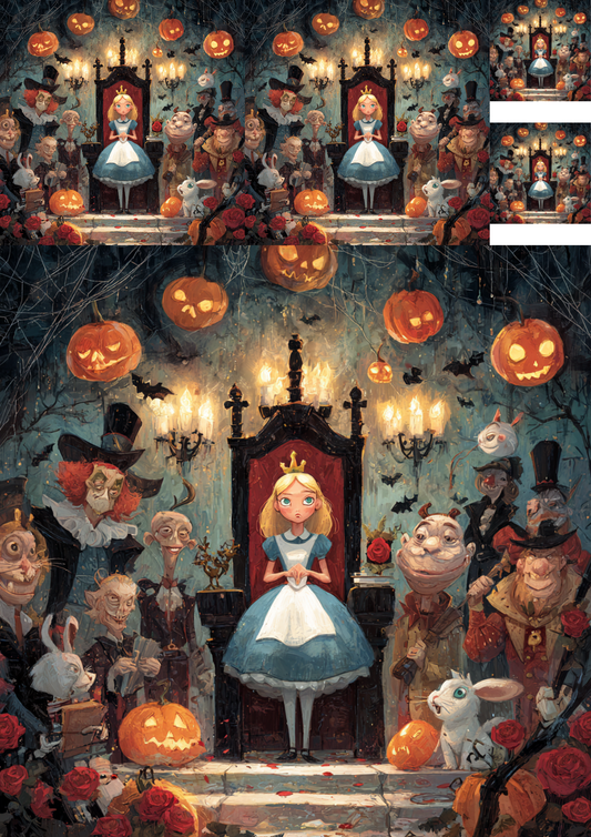 Sticker Sheet β Alice On Halloween Pumpkin Spooky Tea Party Collage Cat. No. 4920