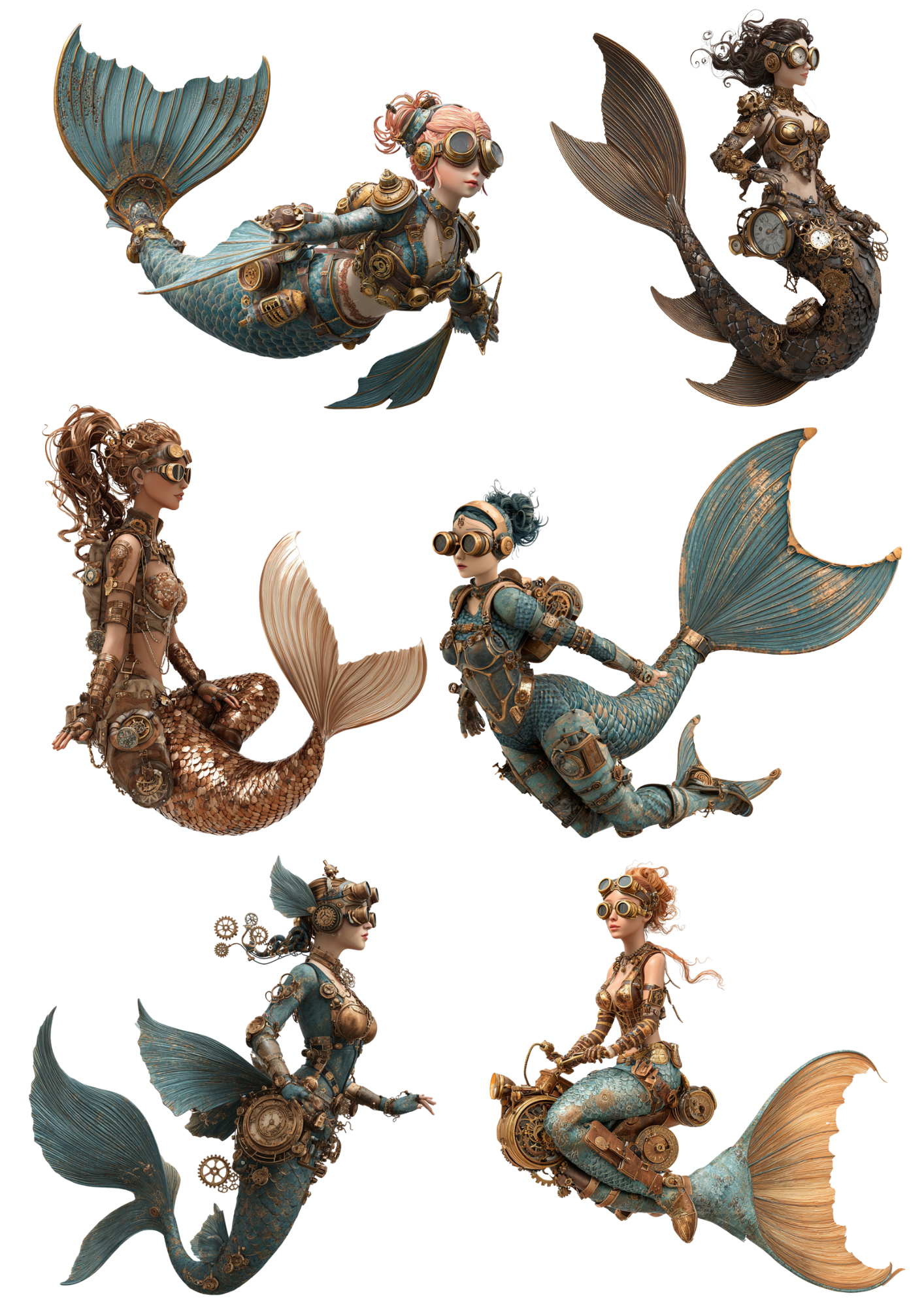 Sticker Sheet / Greeting Card – Mermaids Steampunk Collage Cat. No. 4935