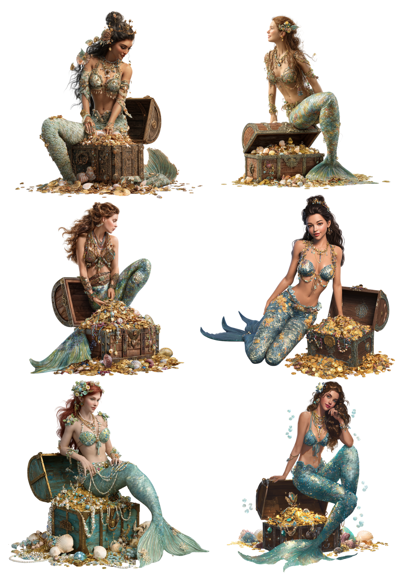 Sticker Sheet / Greeting Card – Mermaids On A Treasure Chest Collage Cat. No. 4936