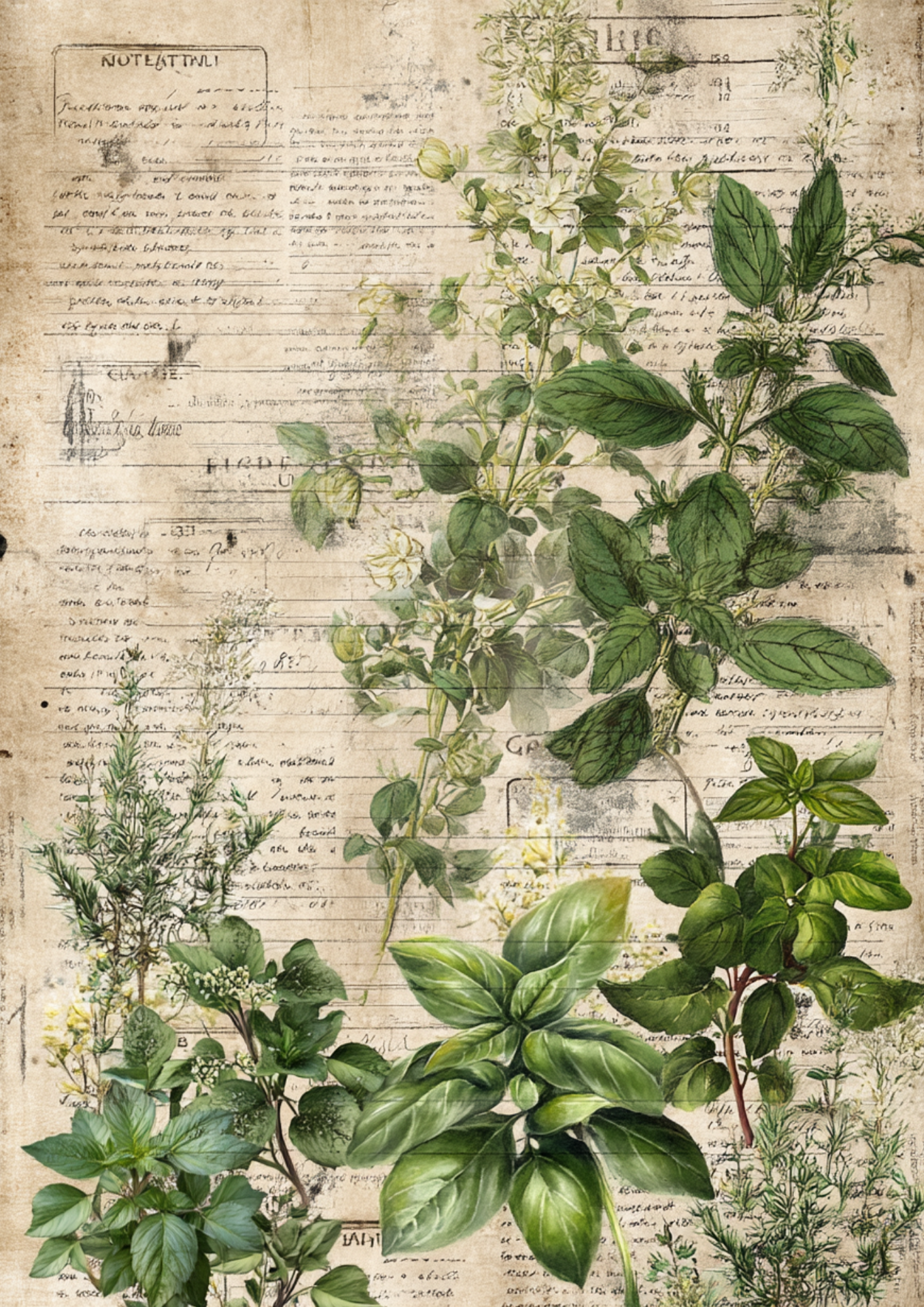 Sticker Sheet – Vintage Botanical Herbs Background For Junk Journaling Cat. No. 4947