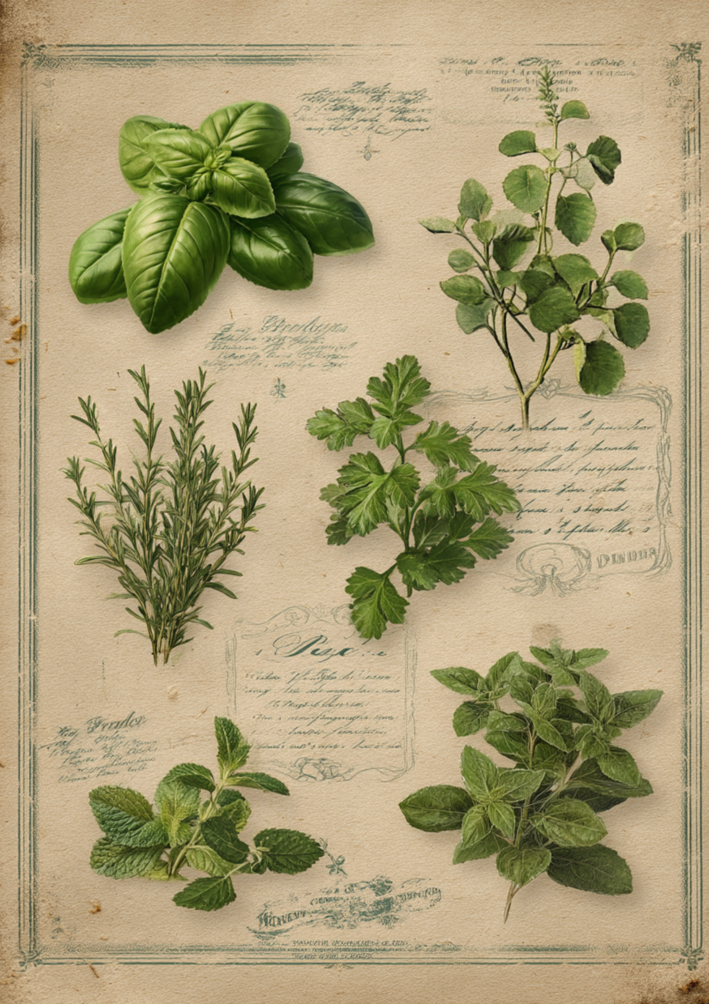 Sticker Sheet – Vintage Botanical Herbs Background For Junk Journaling Cat. No. 4948