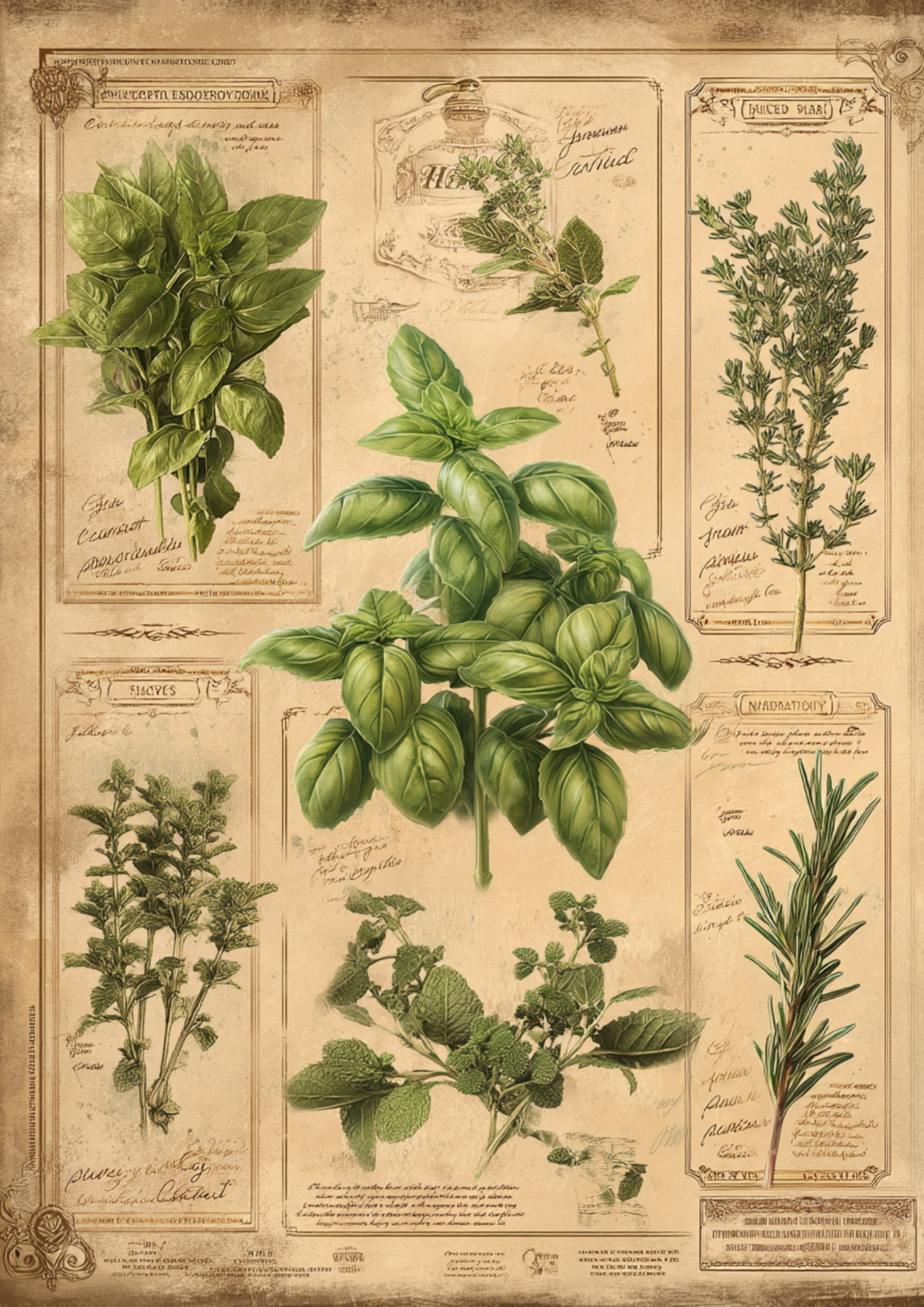 Sticker Sheet – Vintage Botanical Herbs Background For Junk Journaling Cat. No. 4949