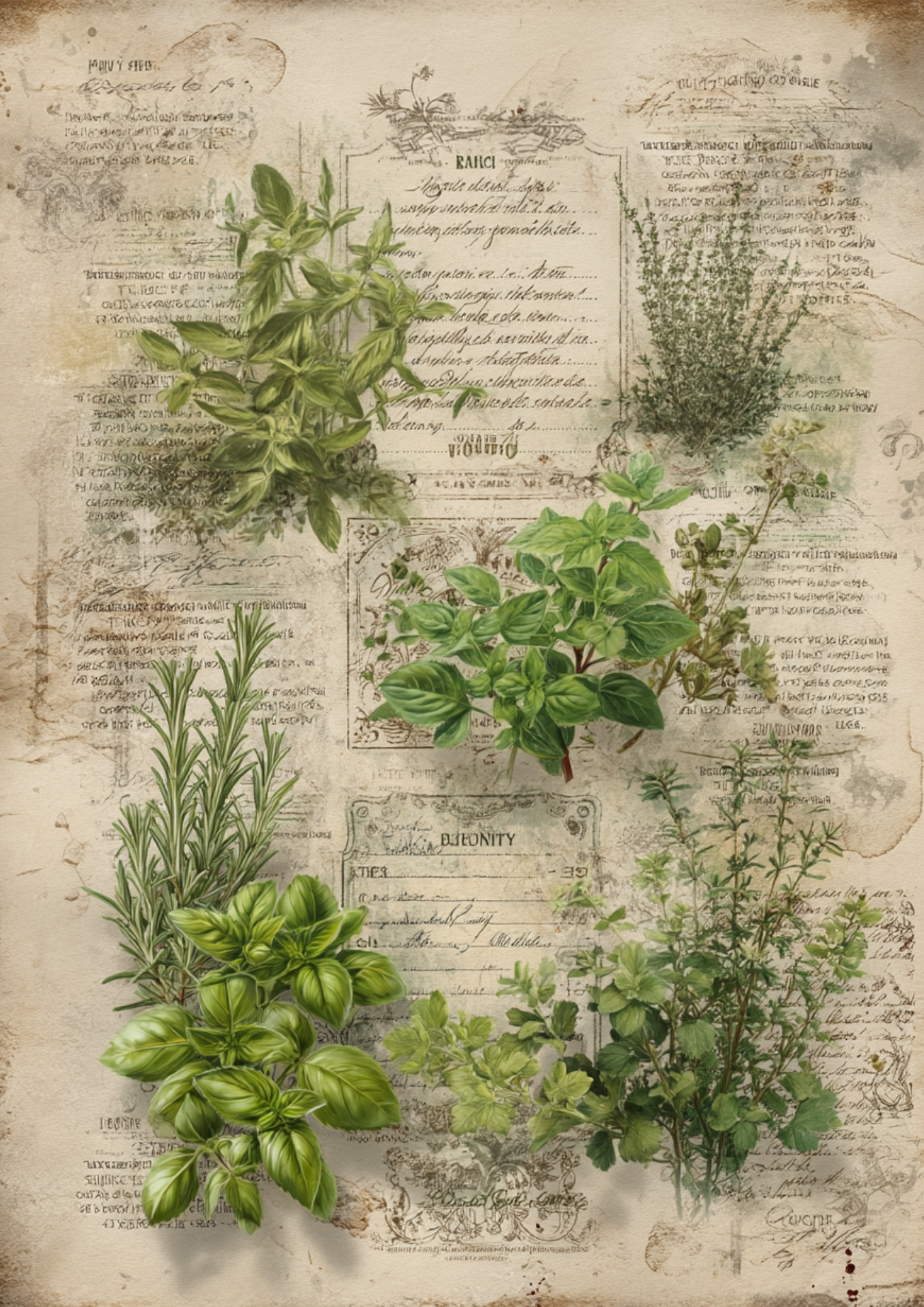 Sticker Sheet – Vintage Botanical Herbs Background For Junk Journaling Cat. No. 4950