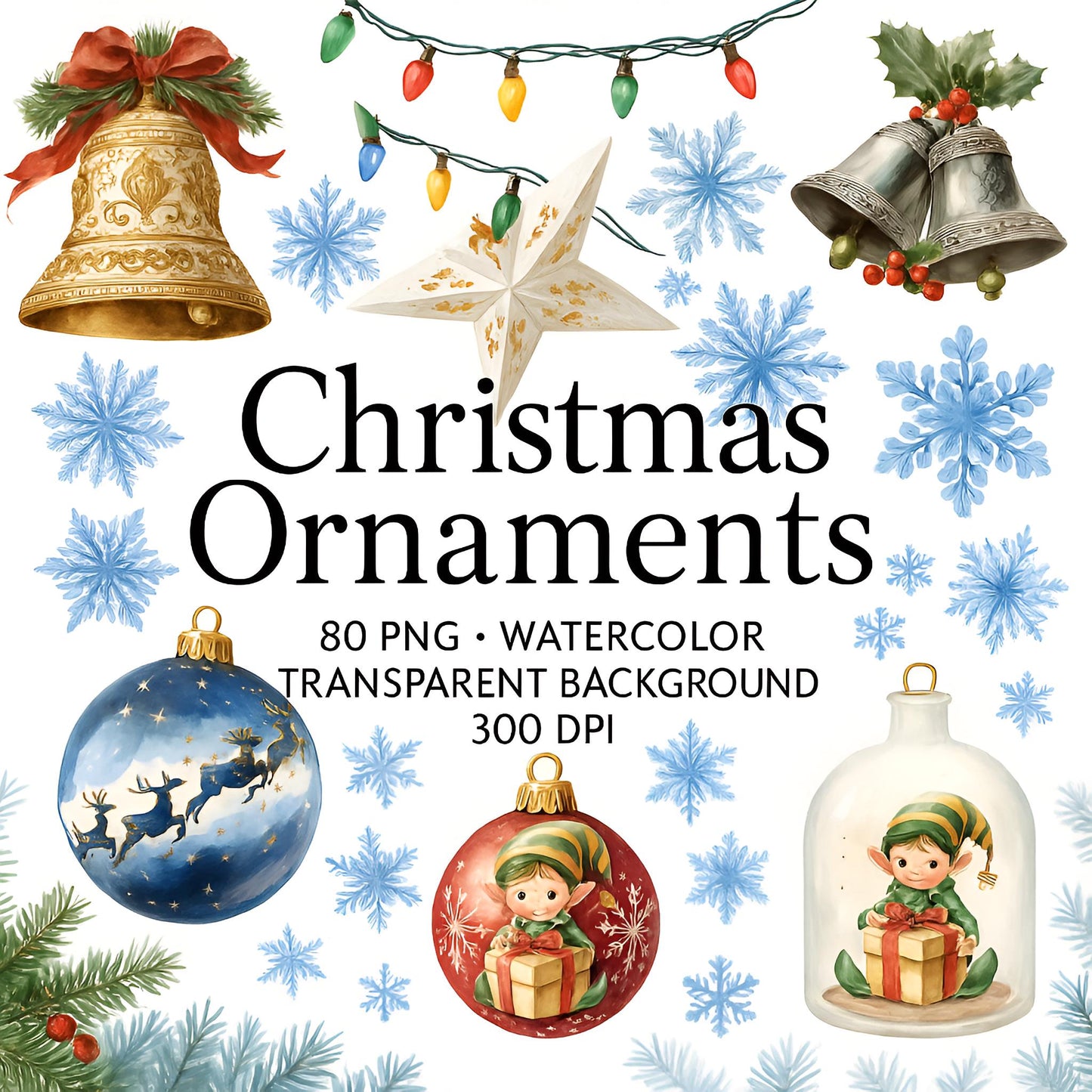 Christmas Ornaments Clipart β 80 PNG β Watercolor Transparent Files for Junk Journals & Crafts