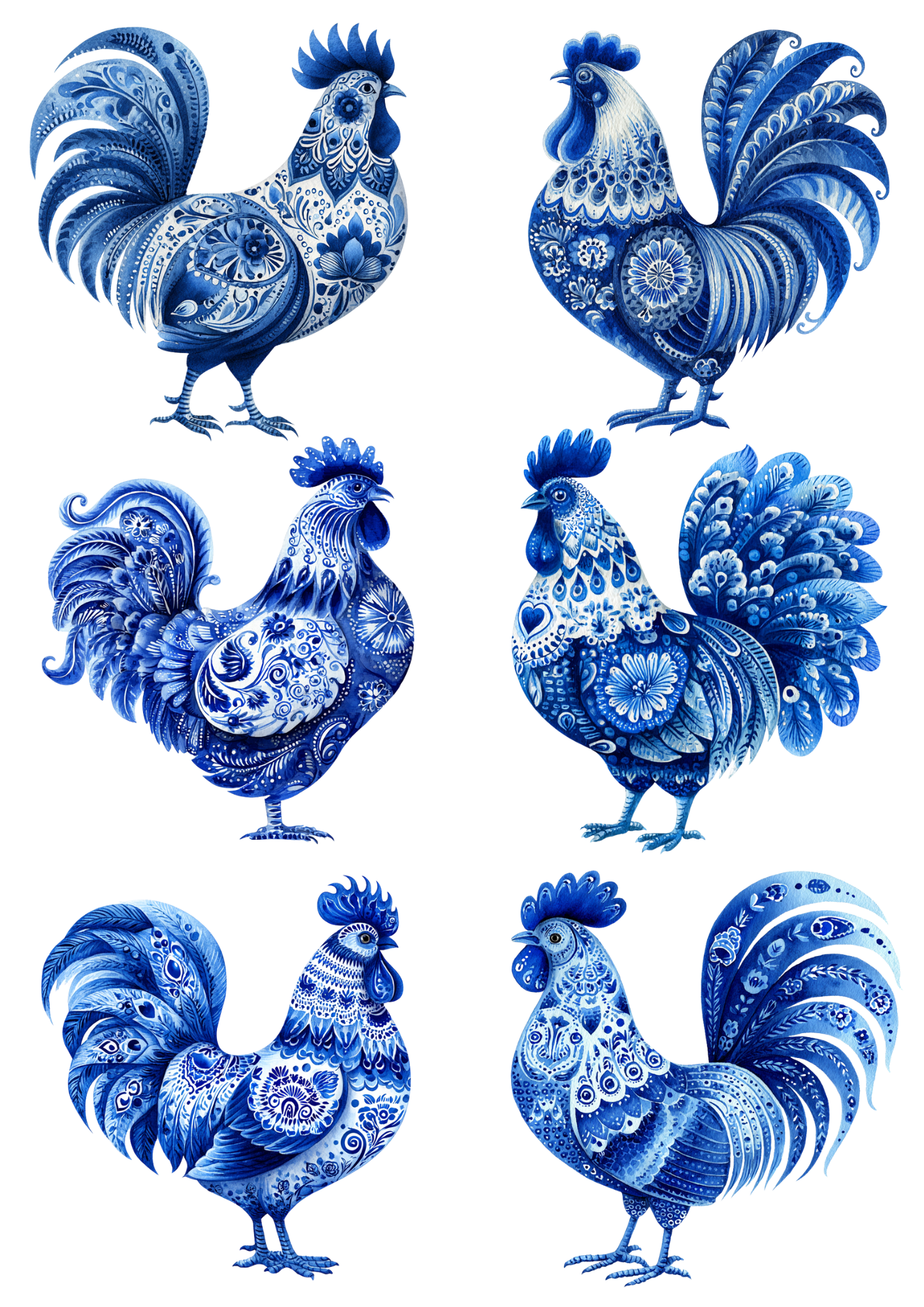 Sticker Sheet / Greeting Card – Folk Cobalt Rooster Collage Cat. No. 5015