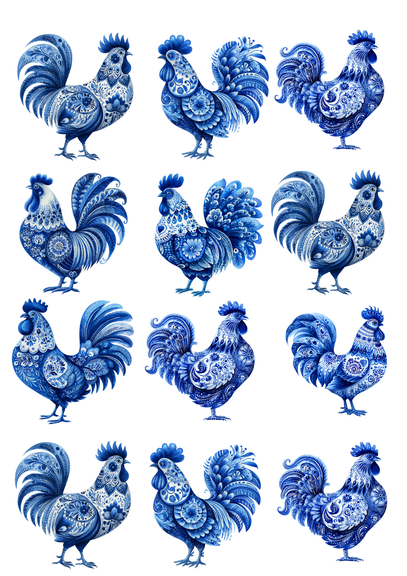 Sticker Sheet / Greeting Card – Folk Cobalt Rooster Collage Cat. No. 5016