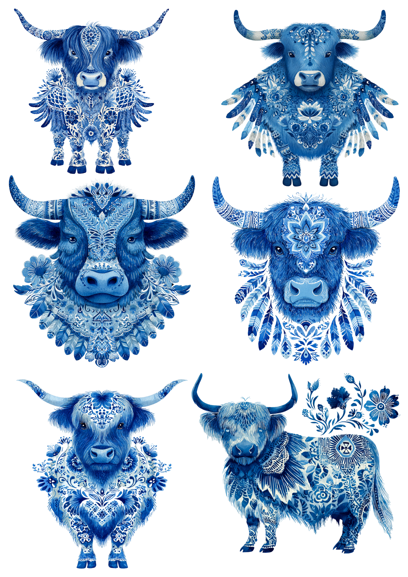 Sticker Sheet / Greeting Card – Folk Cobalt Highland Cow Collage Cat. No. 5017