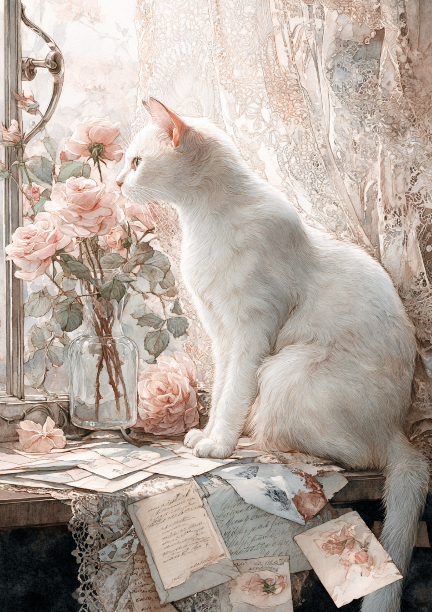 Sticker Sheet / Greeting Card – White Cat in Journal Style Background Schabby Chic Full Cat. No. 5018