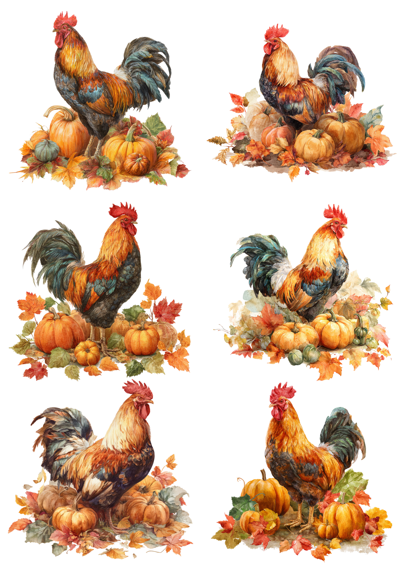 Sticker Sheet / Greeting Card – Rooster On Pumpkins Collage Cat. No. 5037