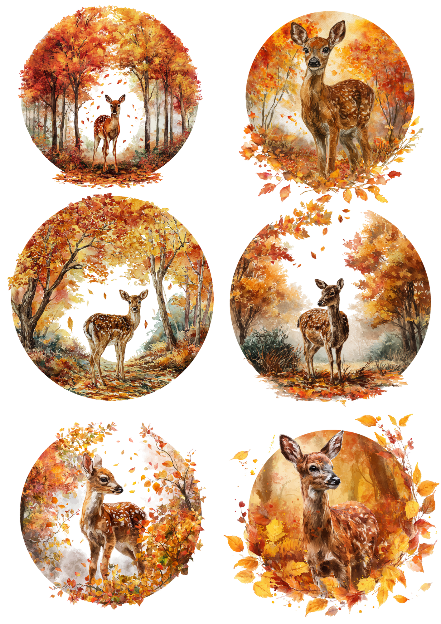 Sticker Sheet / Greeting Card – Little Deer In Autumn Circles Collage Cat. No. 5038