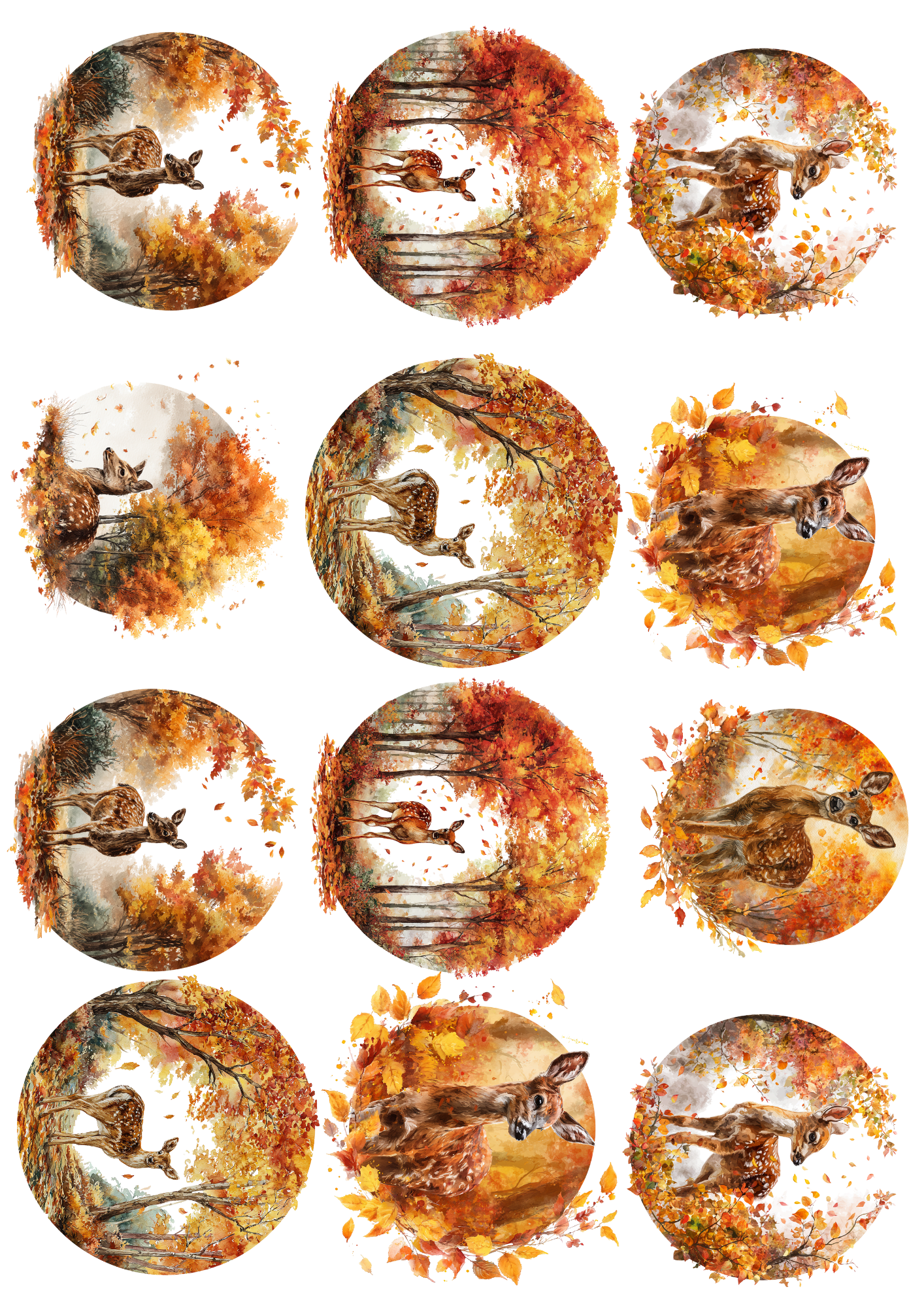 Sticker Sheet / Greeting Card – Little Deer In Autumn Circles Collage Cat. No. 5039