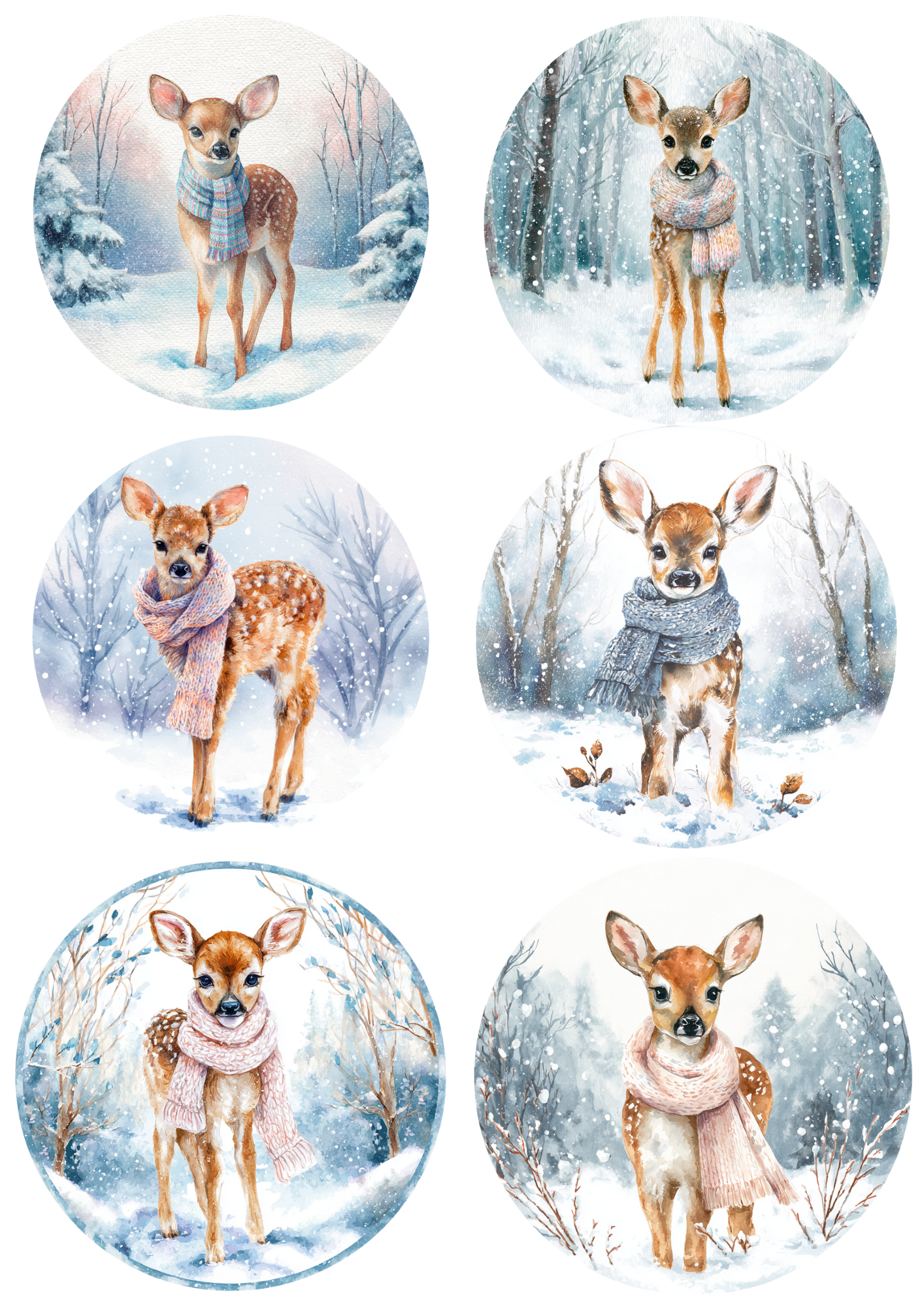 Sticker Sheet / Greeting Card – Little Deer In Winter In Circles Collage Cat. No. 5042