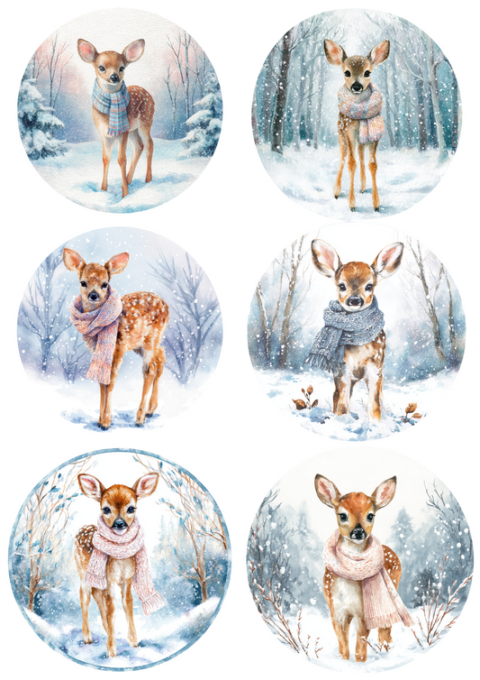 Sticker Sheet - Little Deer In Winter In Circles Collage Cat. No. 5042