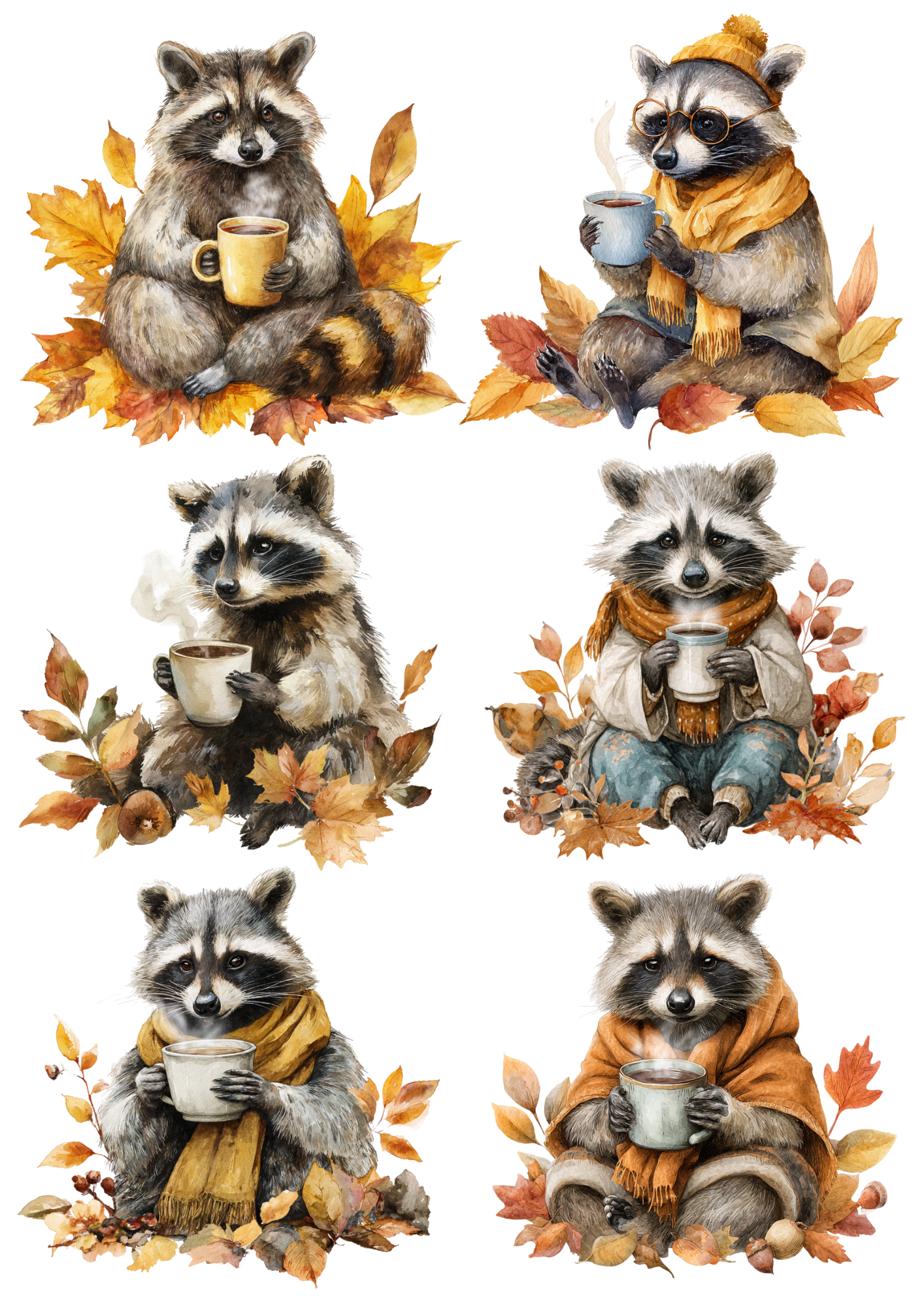 Decoupage Raccoon Is Drinking Tea Collage – A4 sticker sheet – ArtClipStick