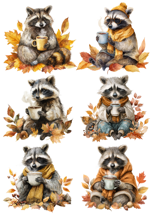 Decoupage Raccoon Is Drinking Tea Collage – A4 sticker sheet – ArtClipStick