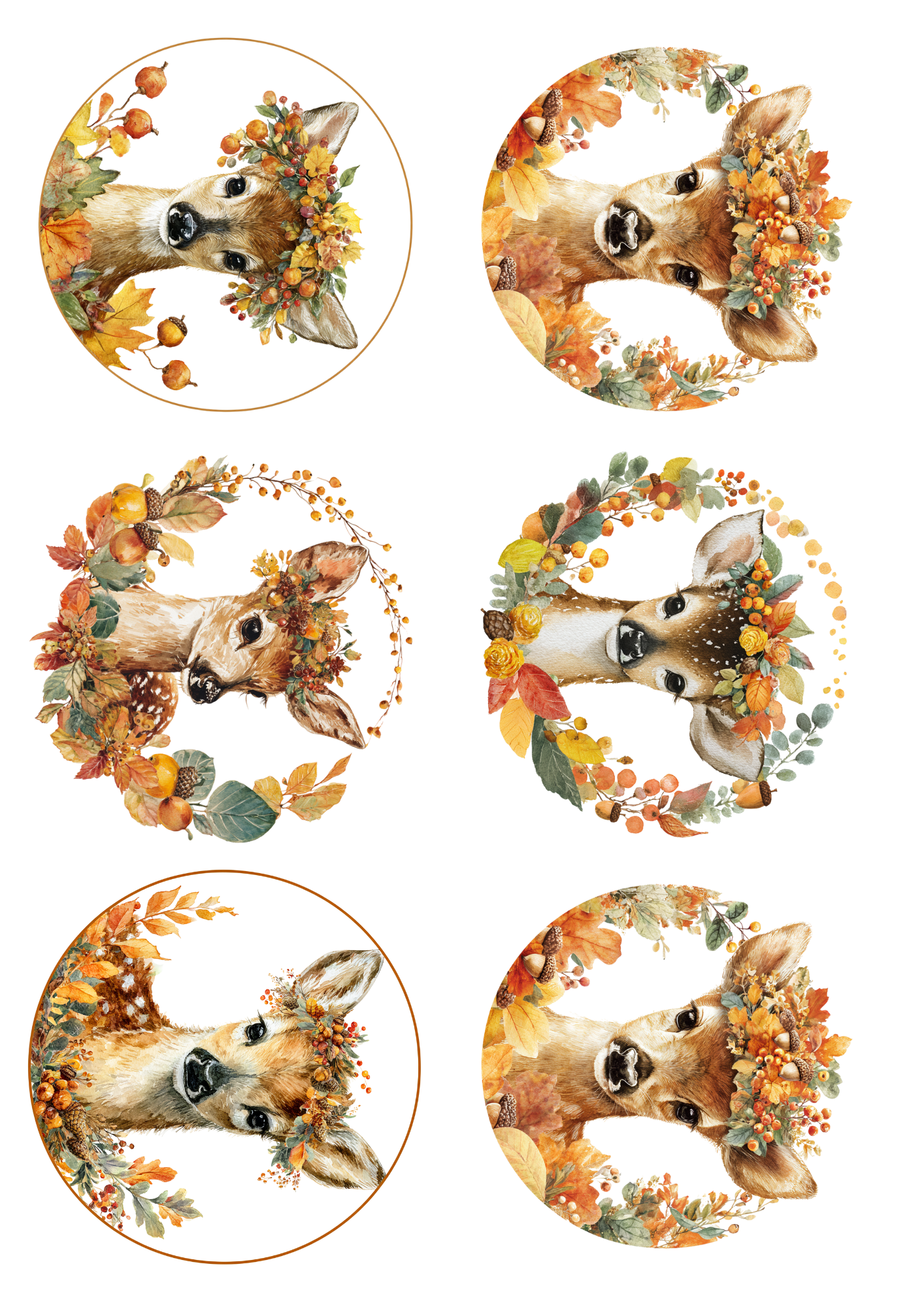 Sticker Sheet / Greeting Card – Little Deer In Autumn Circles Collage Cat. No. 5095