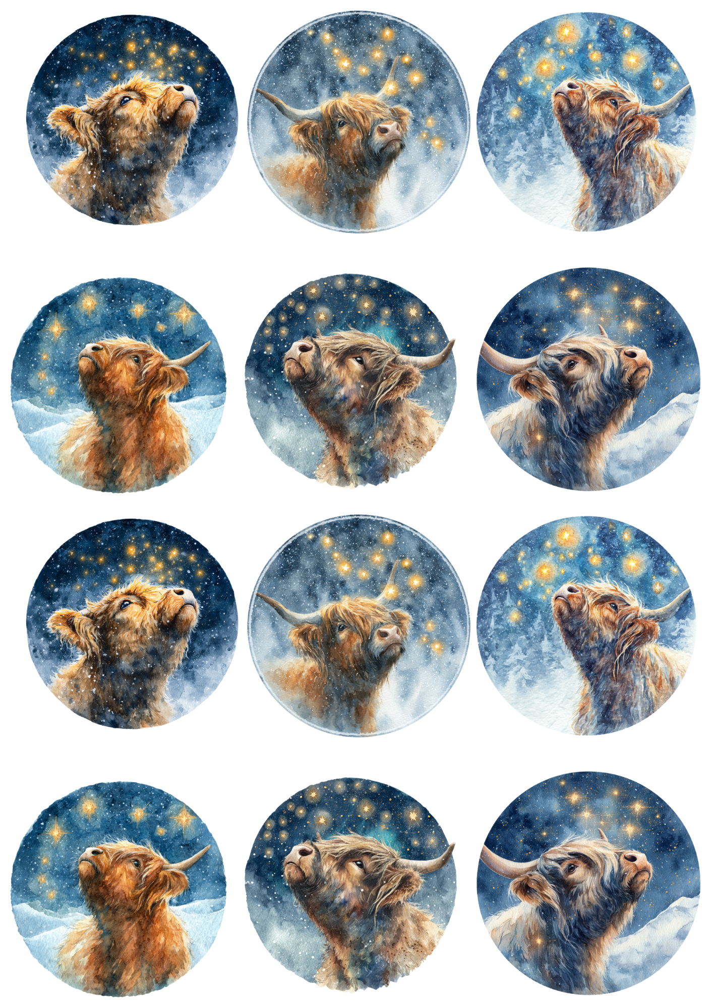 Sticker Sheet Highland Cow In Circles Collage Cat. No. 5153