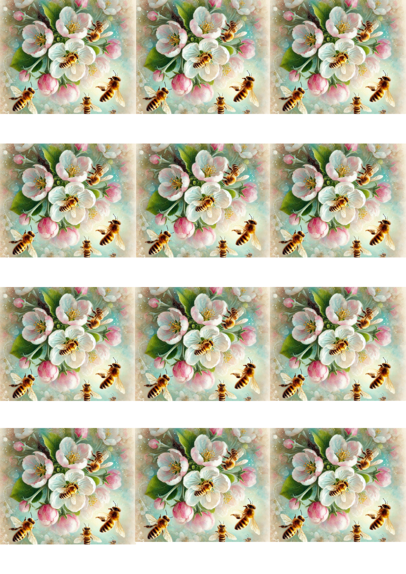 Sticker Sheet / Greeting Card – Bees On A Blooming Apple Tree 4 Collage Cat No. 5170