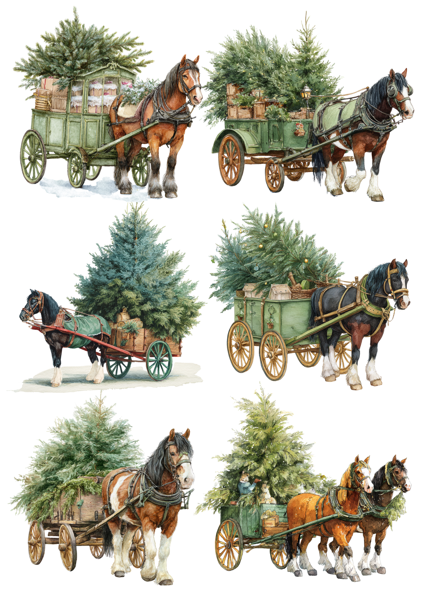 Sticker Sheet / Greeting Card – Horse Pulling a Cart With a Christmas Tree Collage Cat. No. 5181