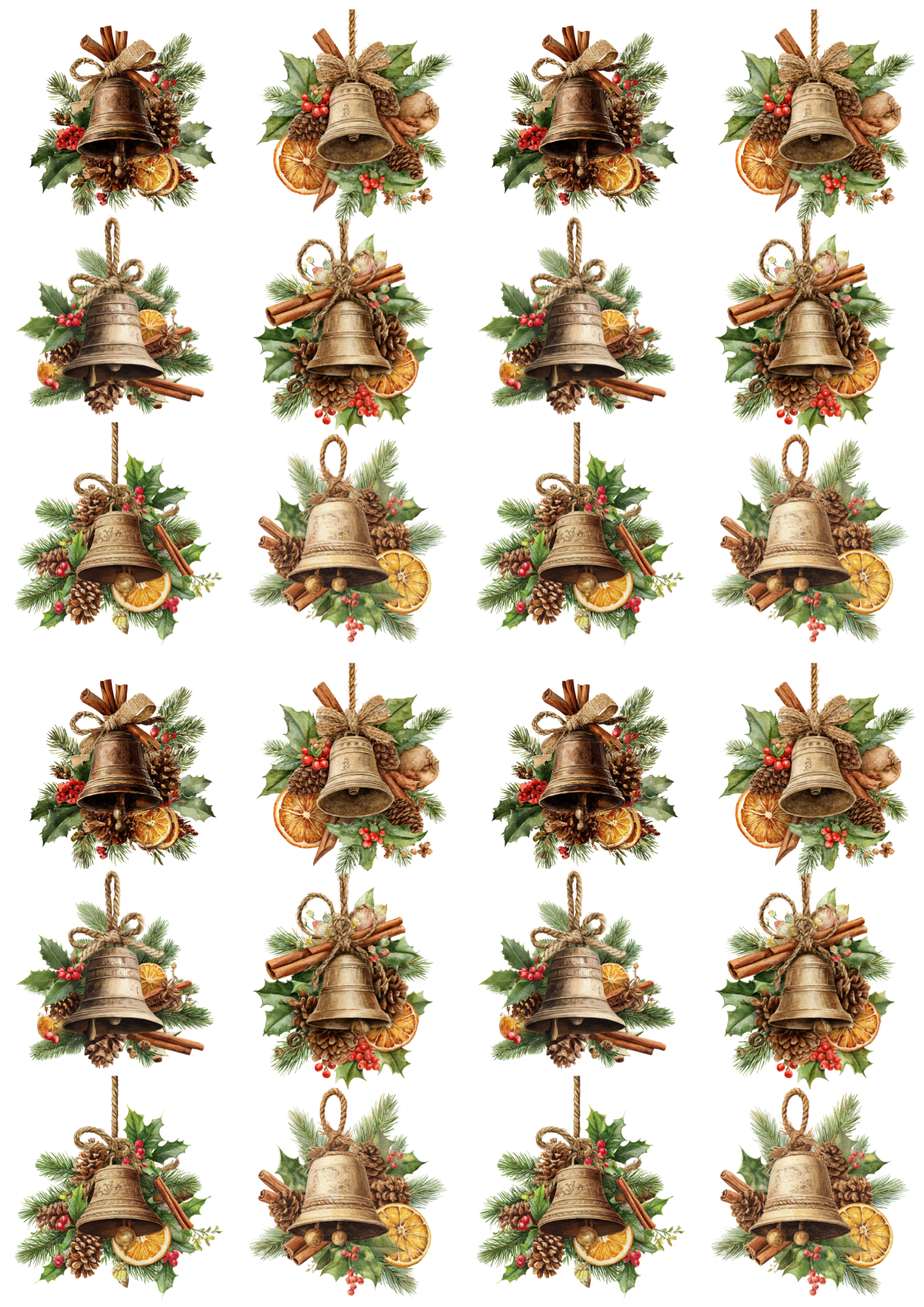 Sticker Sheet / Greeting Card – Rustic Christmas Bells Collage Cat. No. 5204