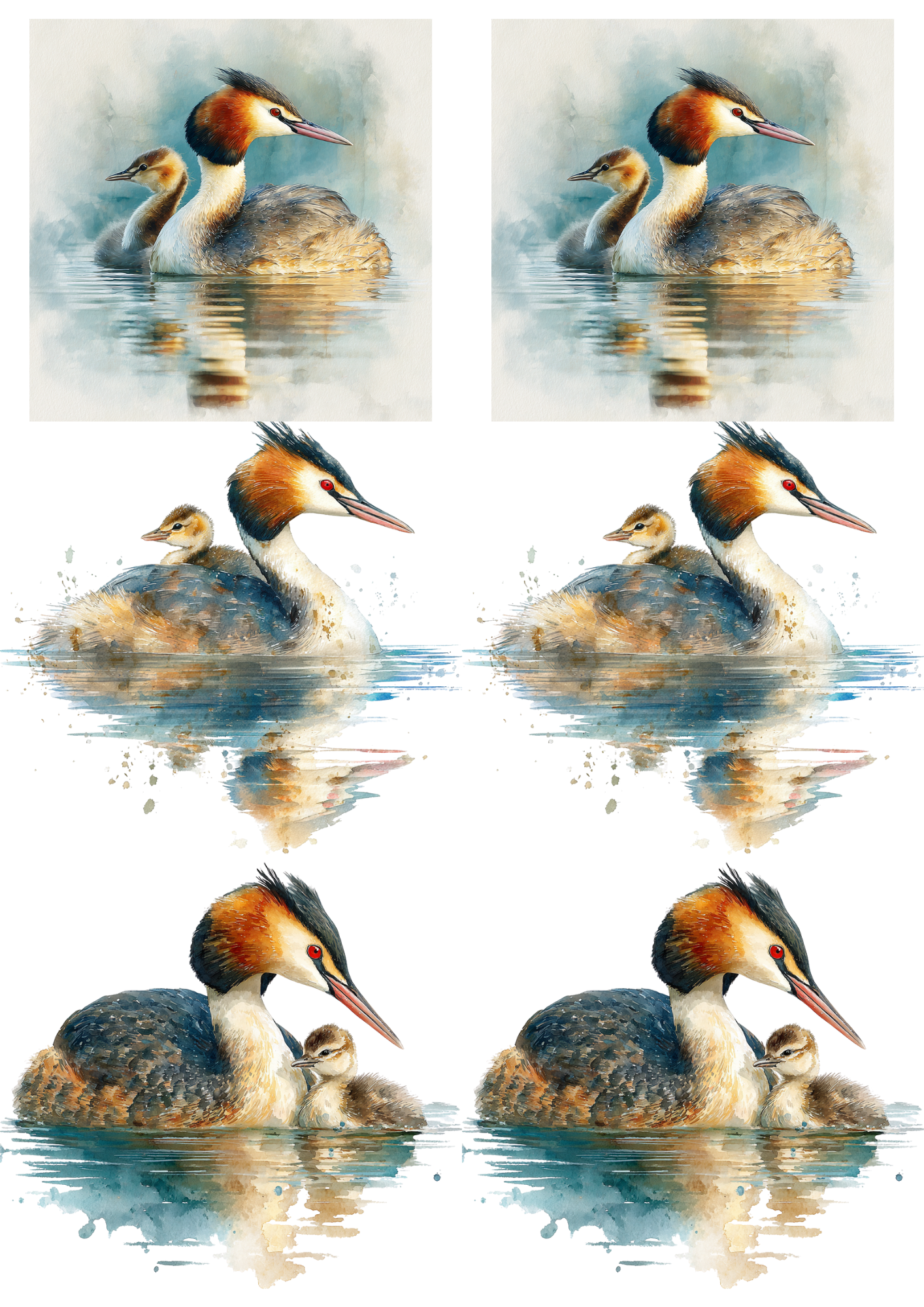 Sticker Sheet / Greeting Card – Grebe With Chick Collage Cat. No. 5223