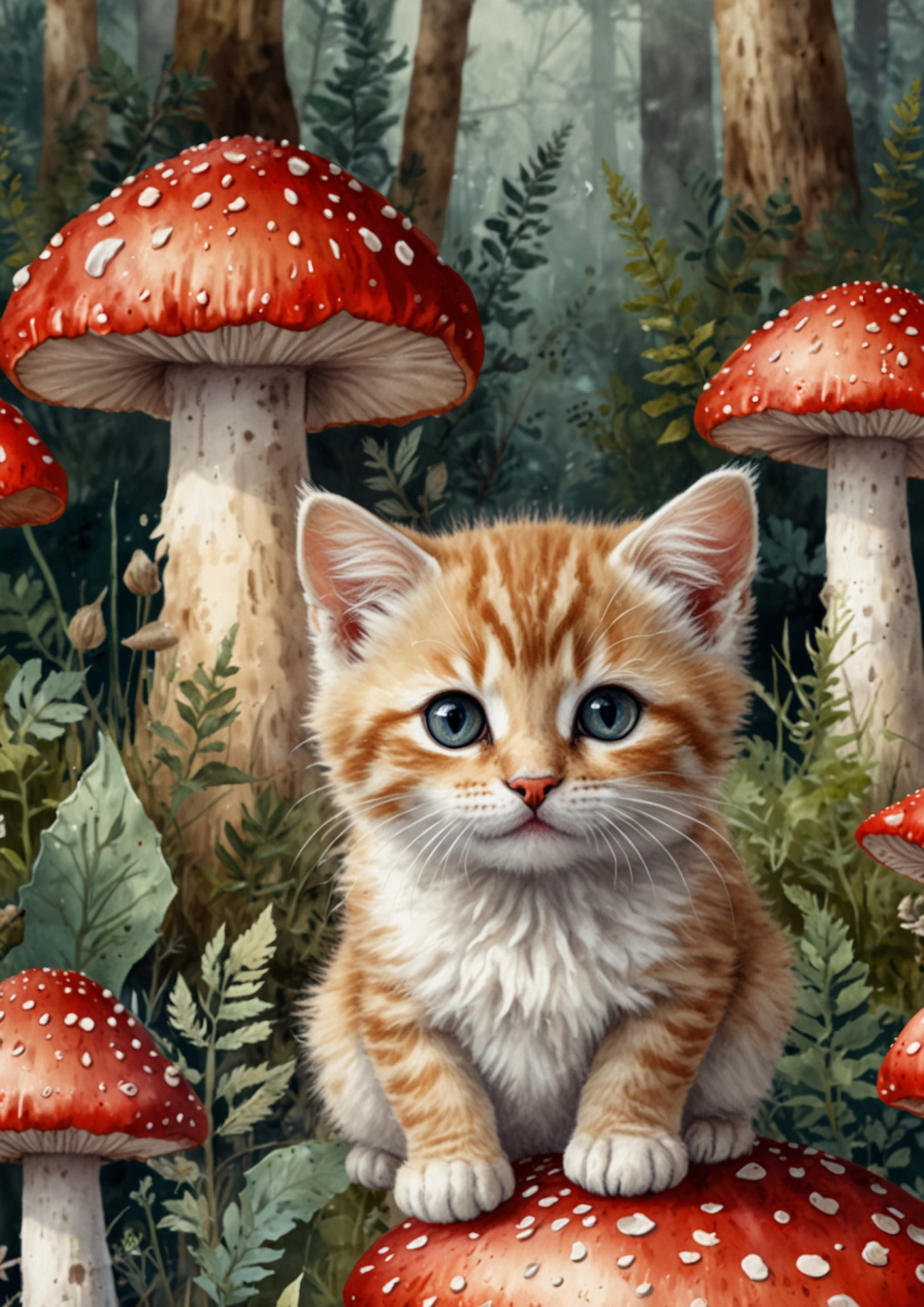 Sticker Sheet / Greeting Card – Young Kitten And Toadstool Full Cat. No. 5227