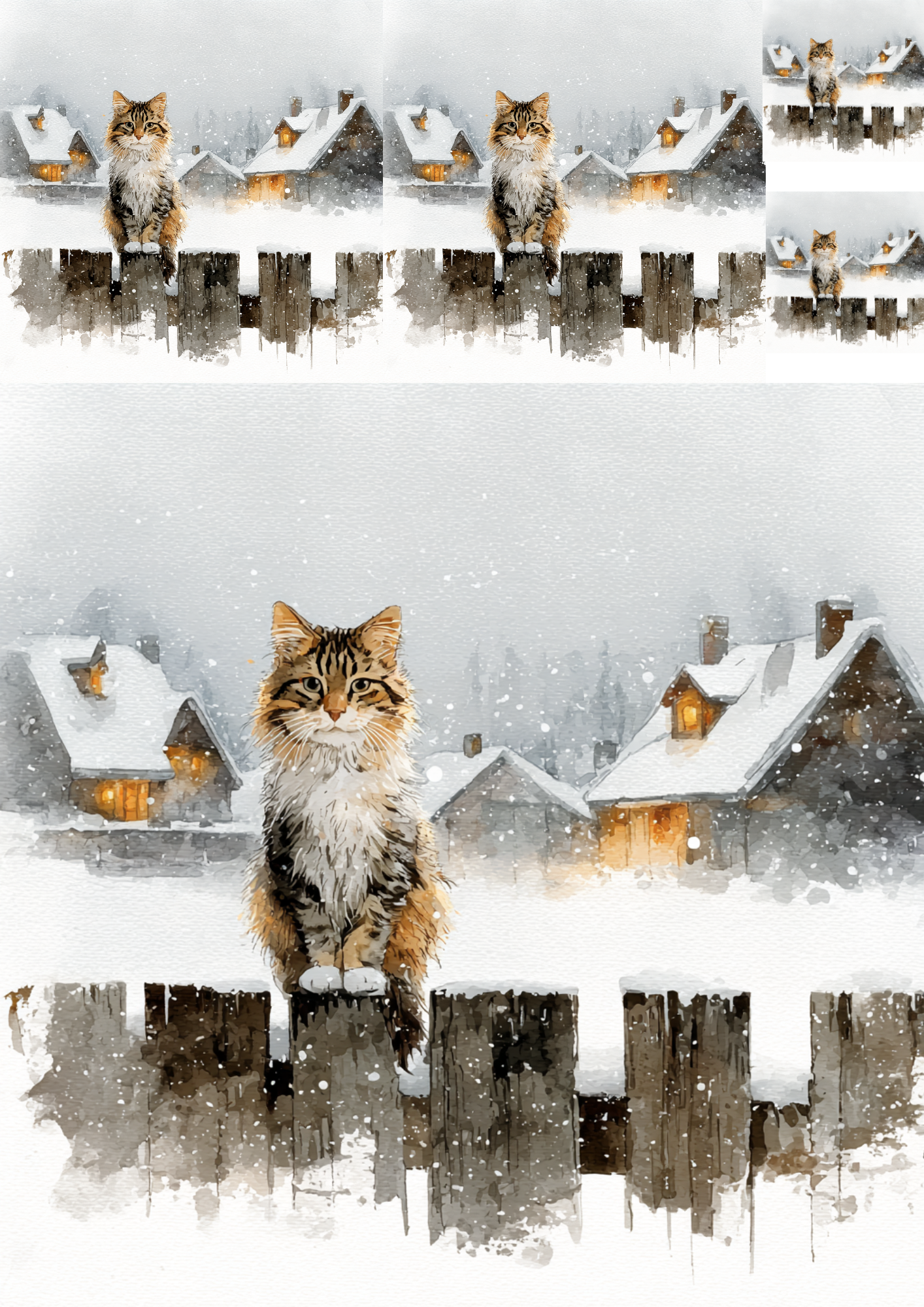 Sticker Sheet / Greeting Card – Cat On A Fence In Winter Collage Cat. No. 5229